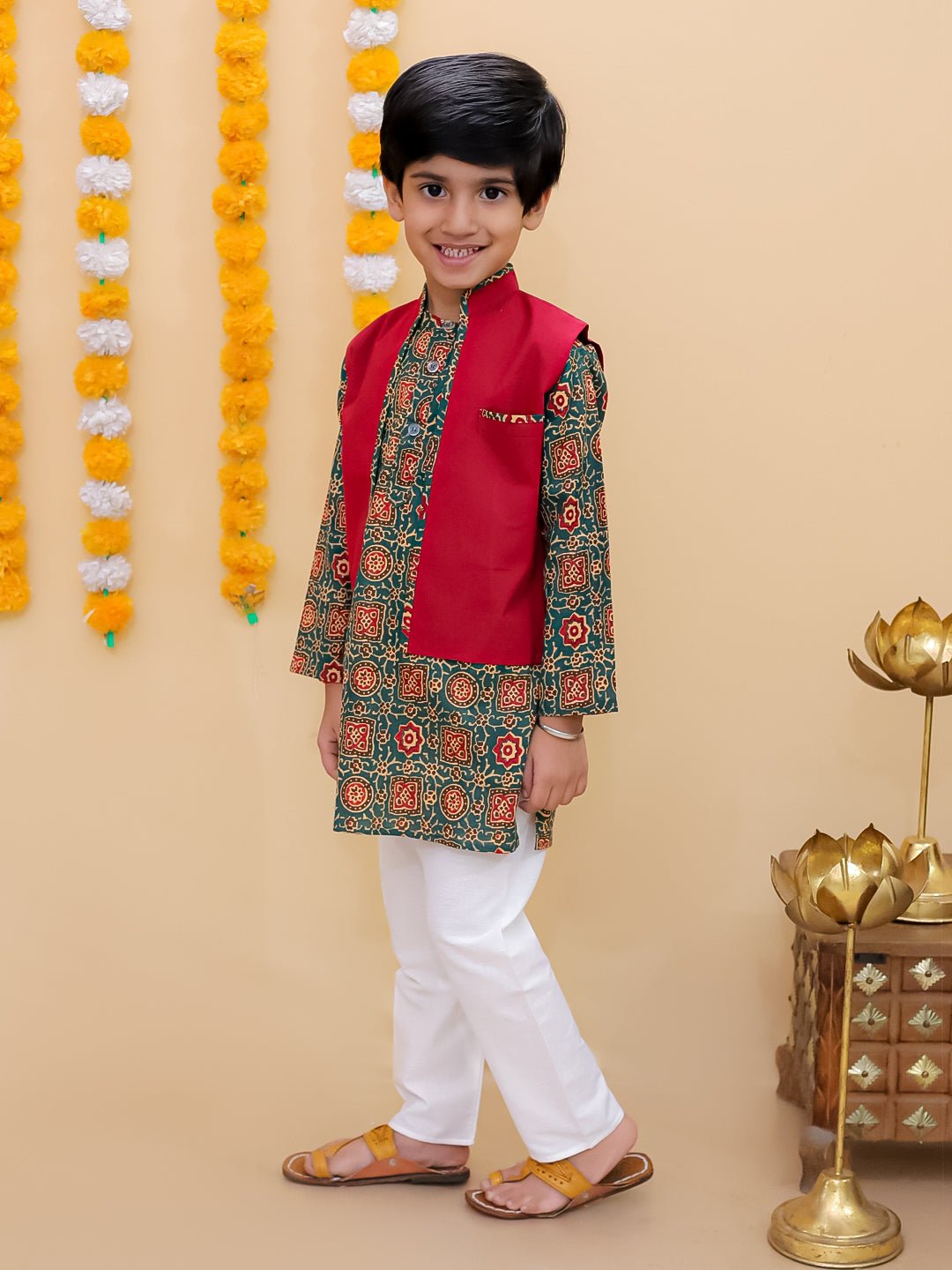 Emerald Essence Floral Print Boys Jacket And Kurta Pajama Set