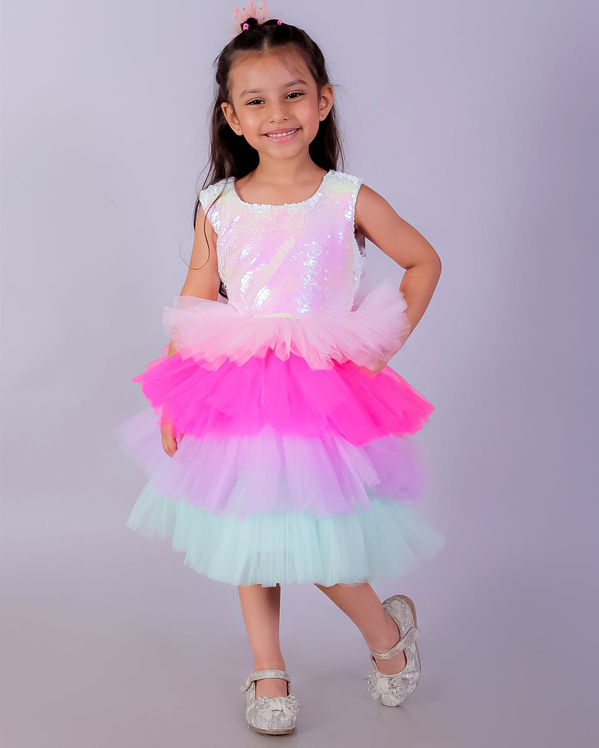 Multi Color Enchanted Rainbow Tulle Sleeveless Dress For Girls