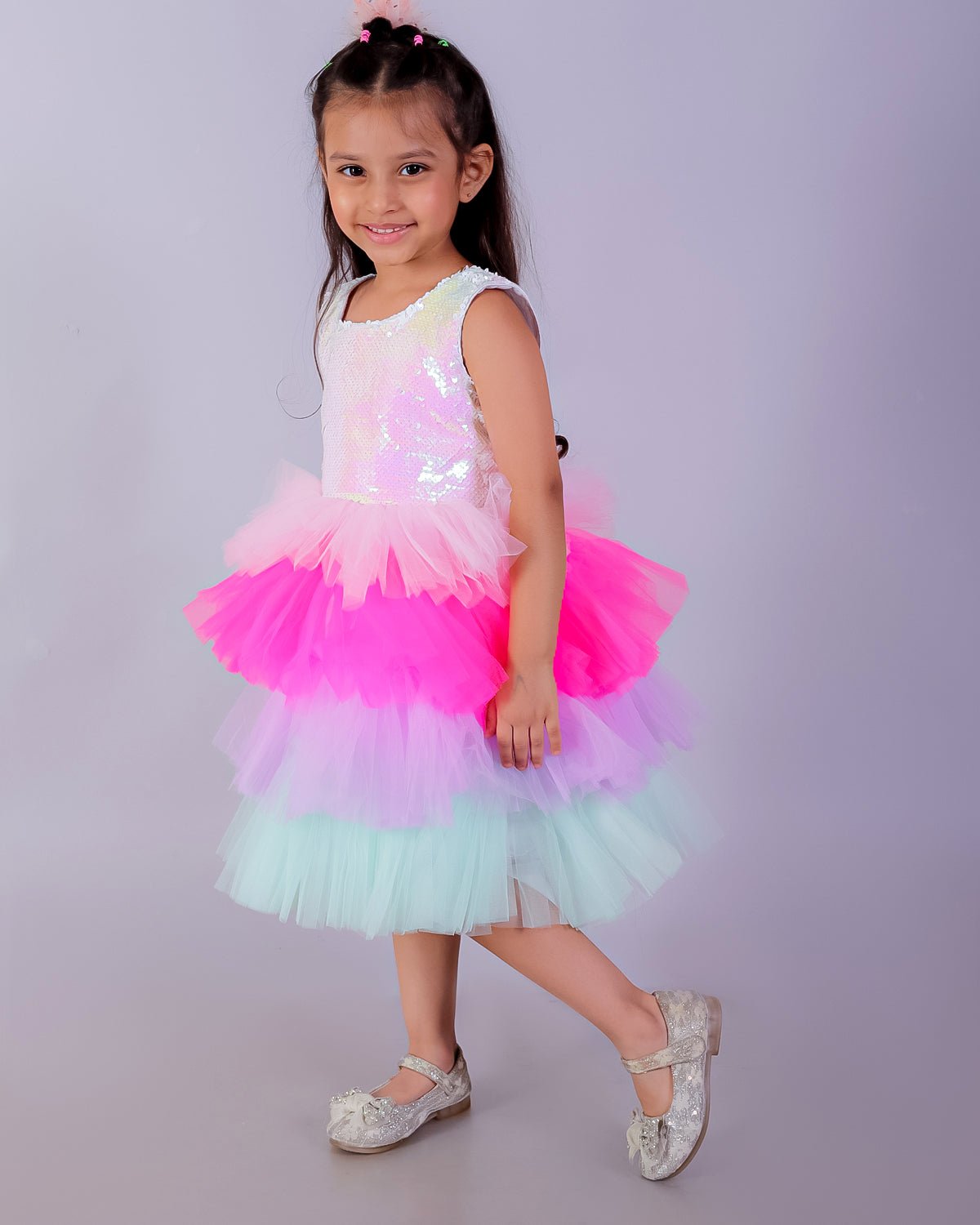 Multi Color Enchanted Rainbow Tulle Sleeveless Dress For Girls