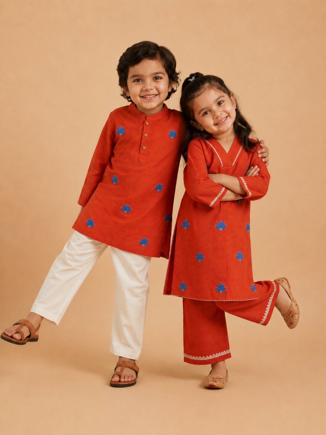 Avani Vatika Embroidered Cotton Girls Kurta Set And Boys Kurta Pajama Set