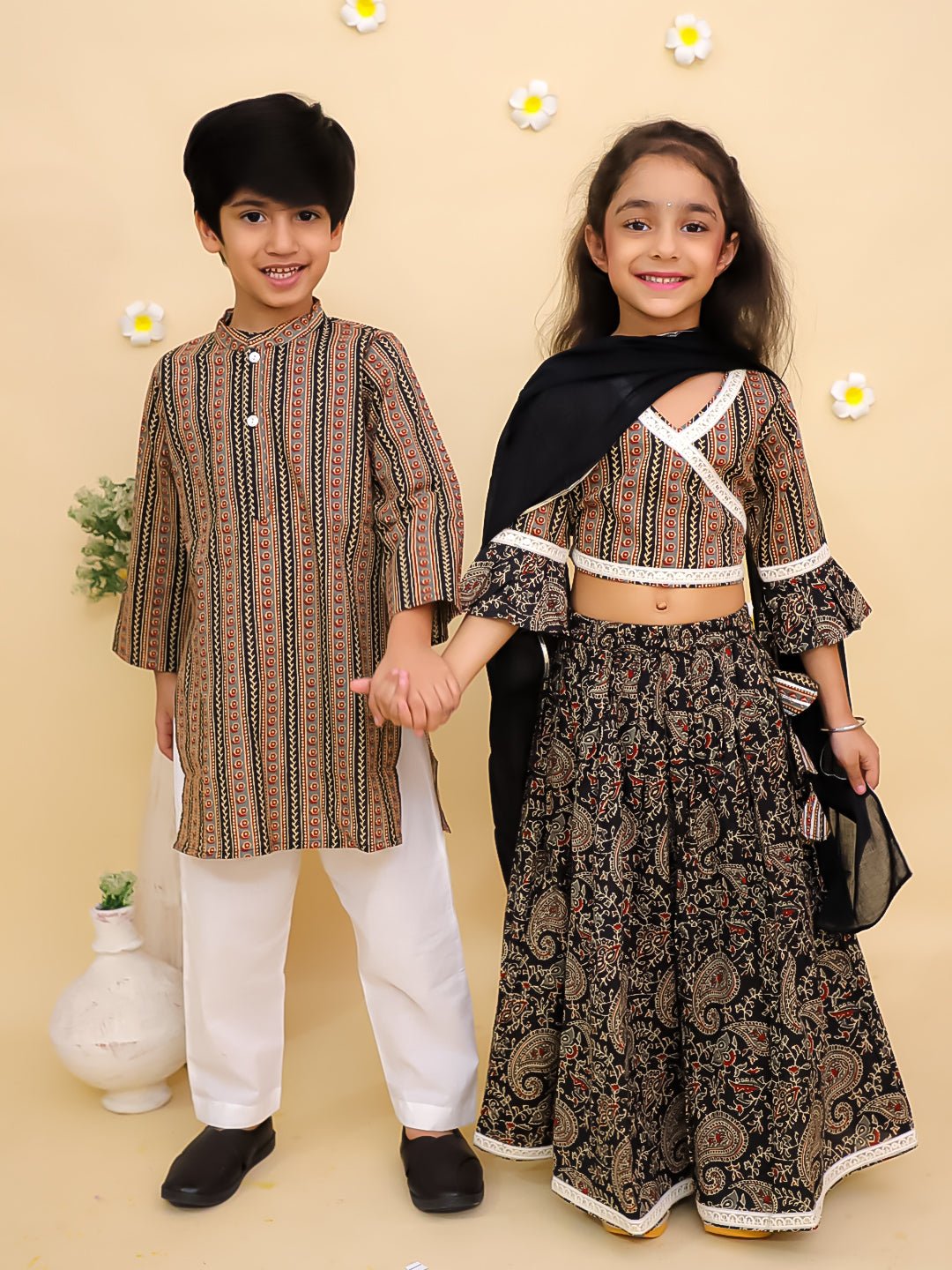 Black Kalamkari Girls Lehenga And Boys Kurta Twinning Combo Of 2