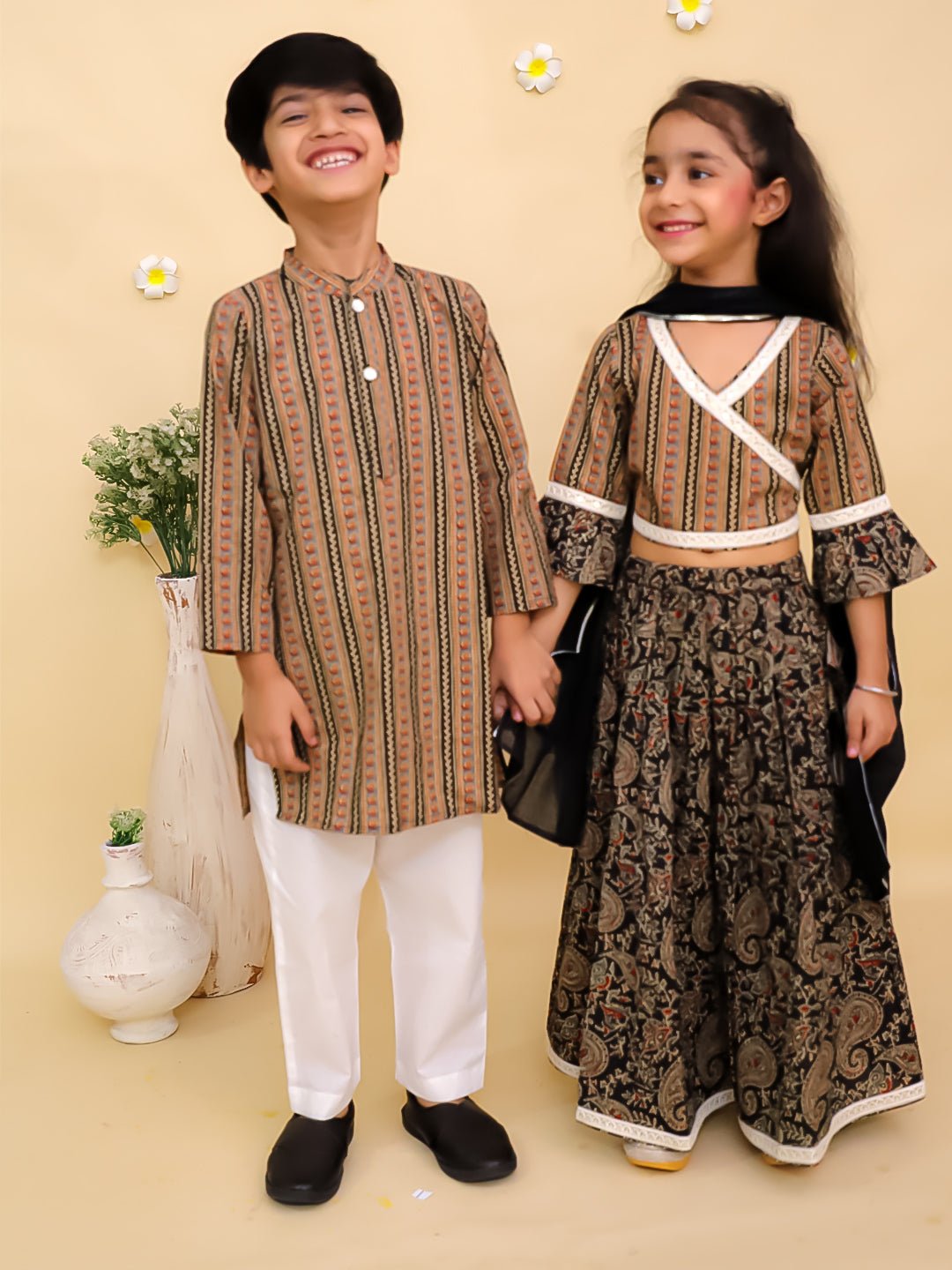 Black Kalamkari Girls Lehenga And Boys Kurta Twinning Combo Of 2