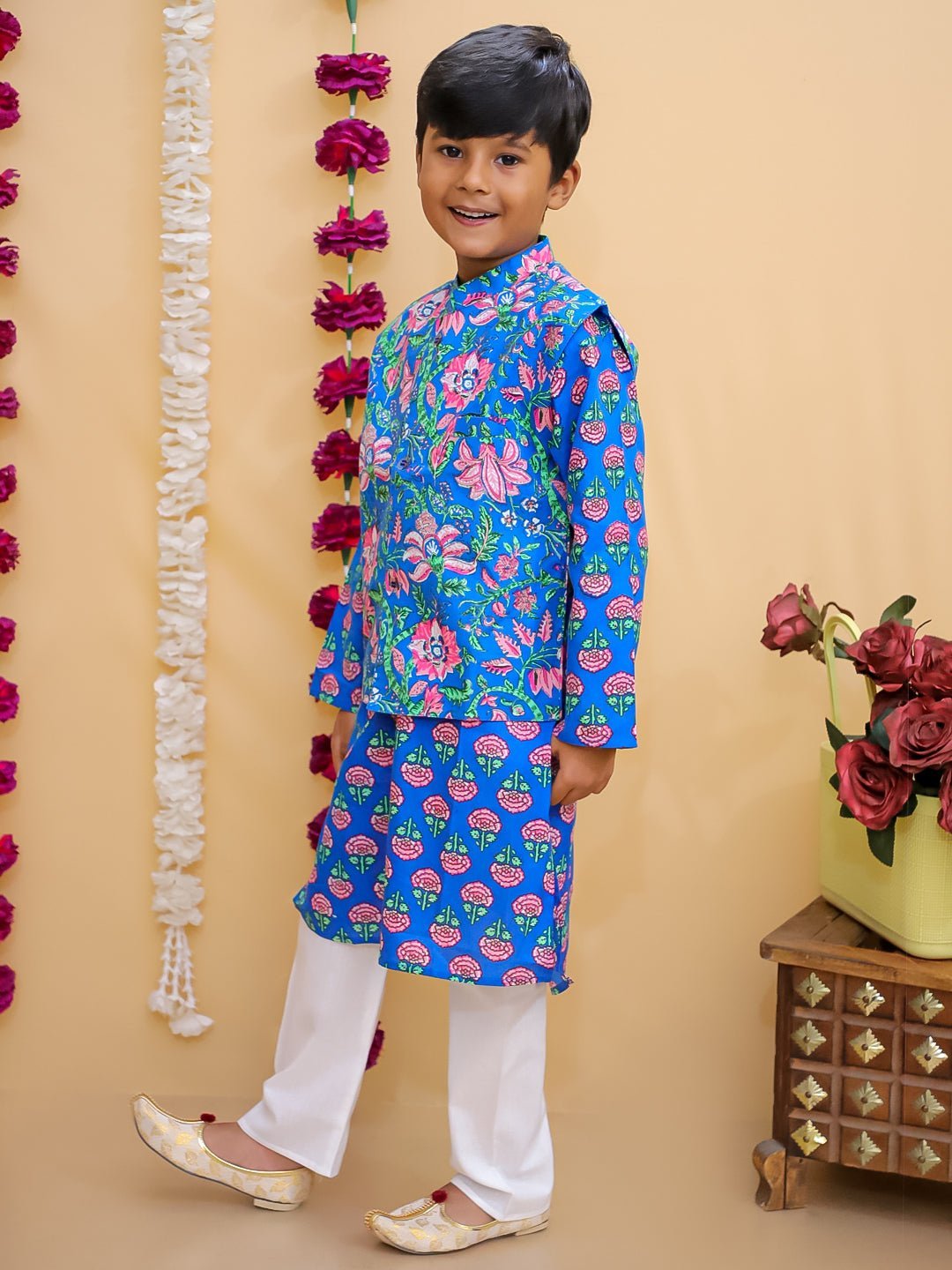 Blue Royal Floral Girls And Boys Ethnic Twinning Combo Of 2