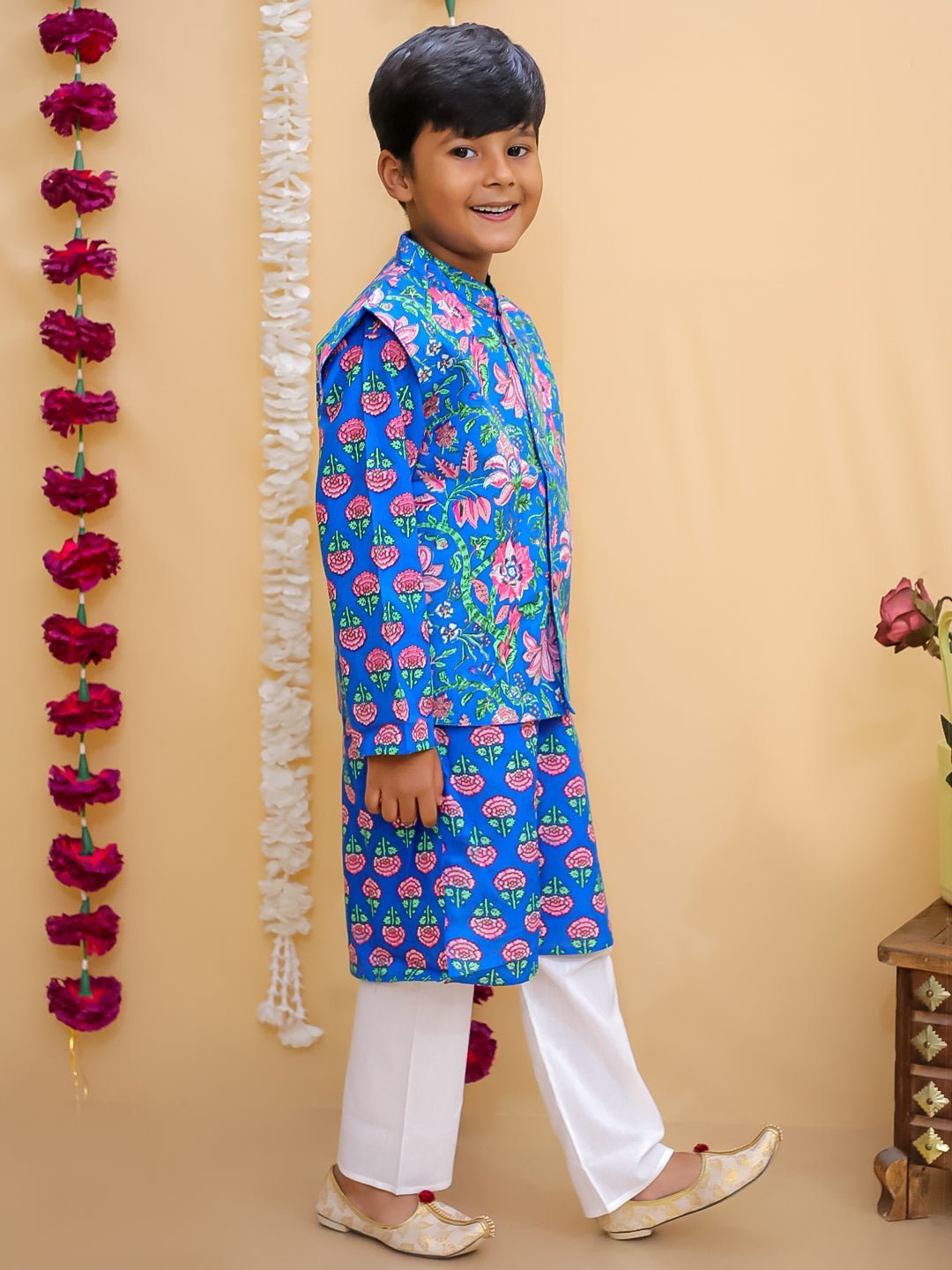 Blue Royal Floral Girls And Boys Ethnic Twinning Combo Of 2
