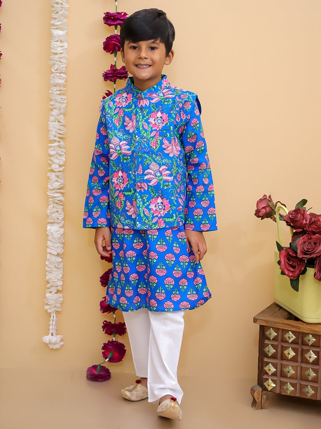 Blue Royal Floral Girls And Boys Ethnic Twinning Combo Of 2