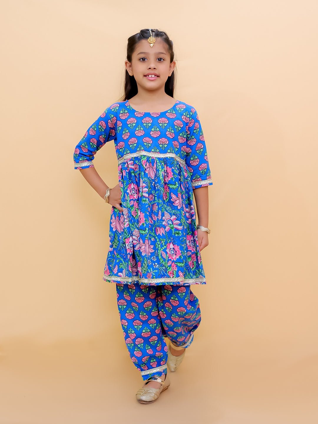 Blue Royal Floral Girls And Boys Ethnic Twinning Combo Of 2