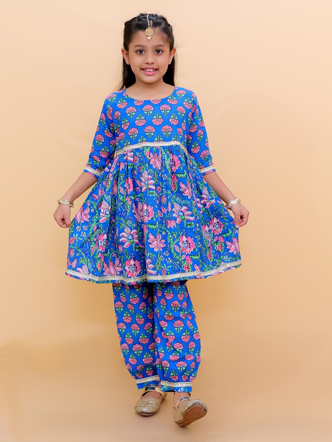 Blue Royal Floral Girls And Boys Ethnic Twinning Combo Of 2