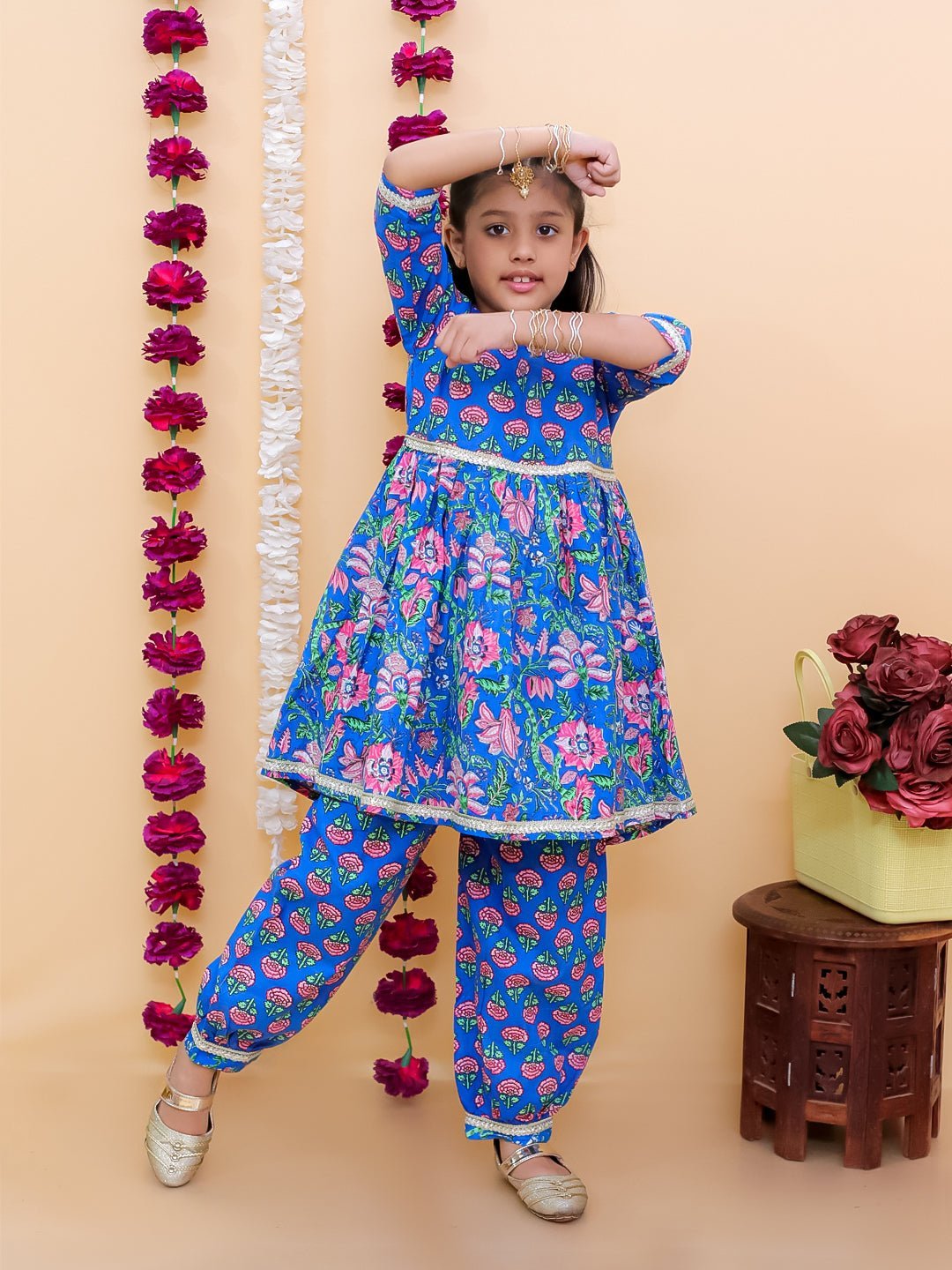 Blue Royal Floral Girls And Boys Ethnic Twinning Combo Of 2