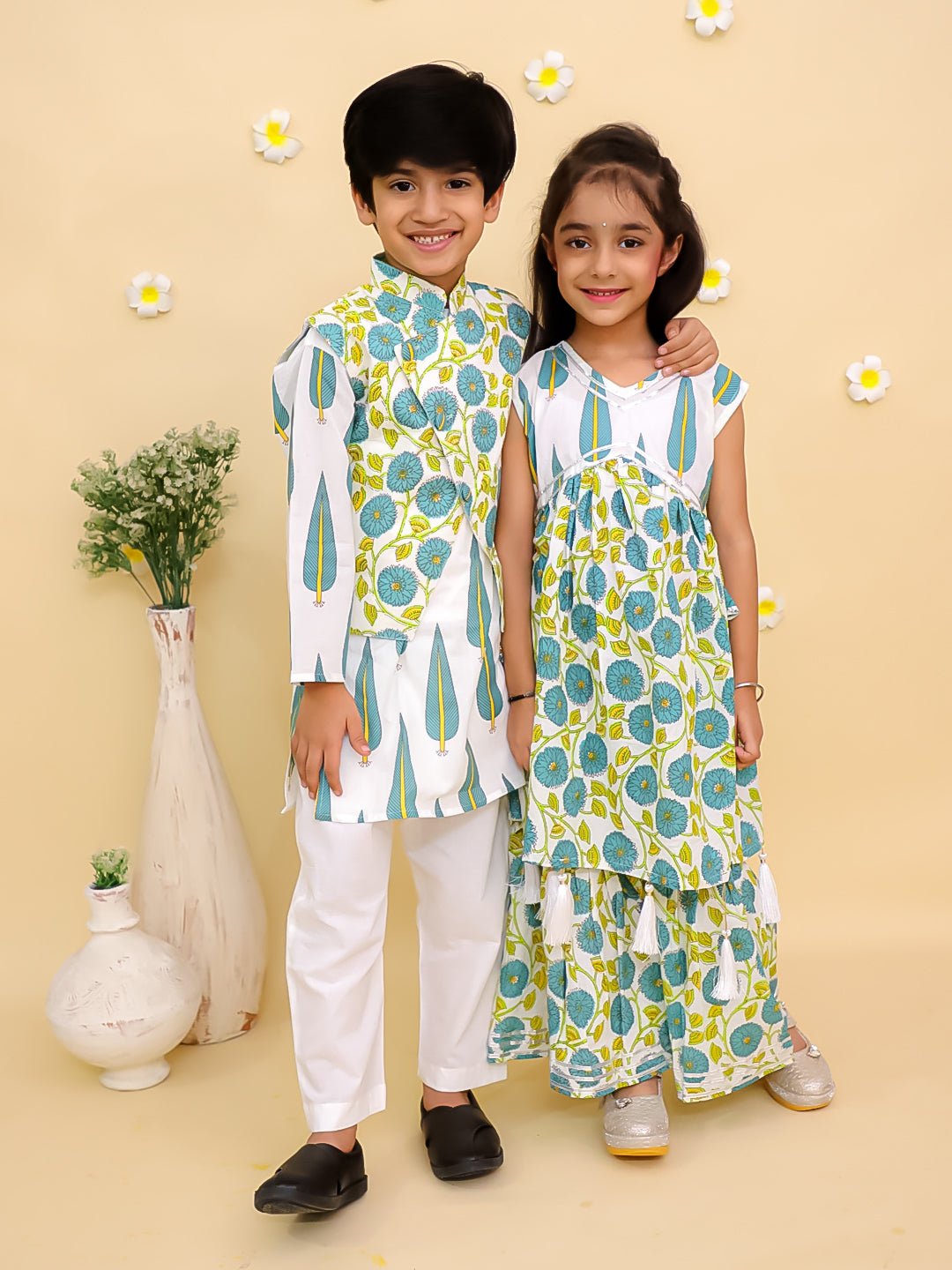 Emeraluxe Girls Anarkali Sharara And Boys Jacket Kurta Pajama Twinning Combo Of 2