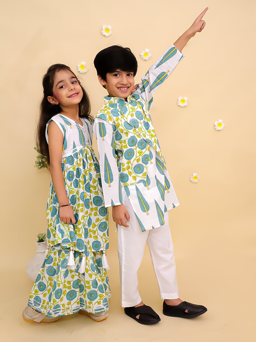 Emeraluxe Girls Anarkali Sharara And Boys Jacket Kurta Pajama Twinning Combo Of 2
