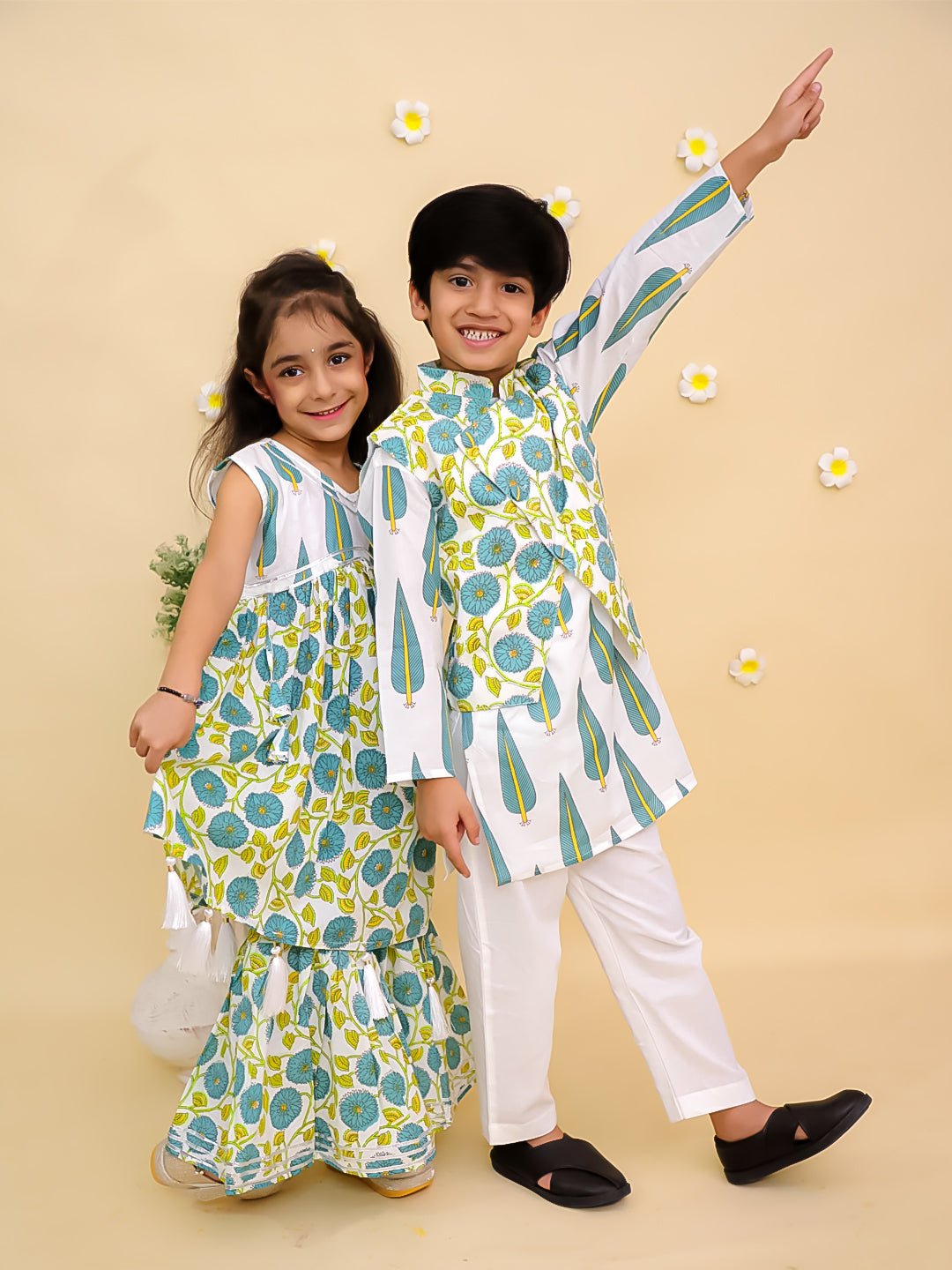 Emeraluxe Girls Anarkali Sharara And Boys Jacket Kurta Pajama Twinning Combo Of 2