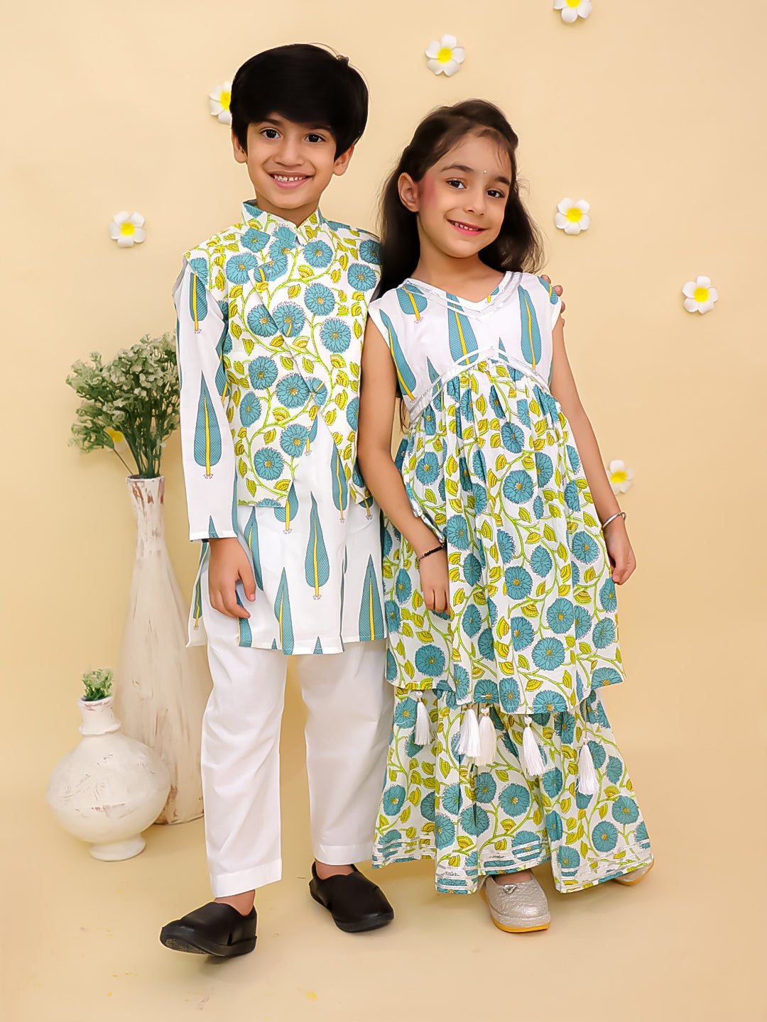 Emeraluxe Girls Anarkali Sharara And Boys Jacket Kurta Pajama Twinning Combo Of 2