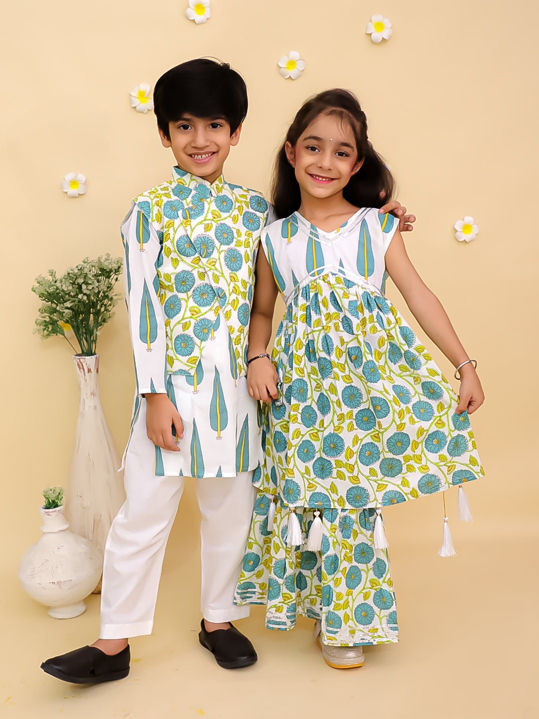 Emeraluxe Girls Anarkali Sharara And Boys Jacket Kurta Pajama Twinning Combo Of 2