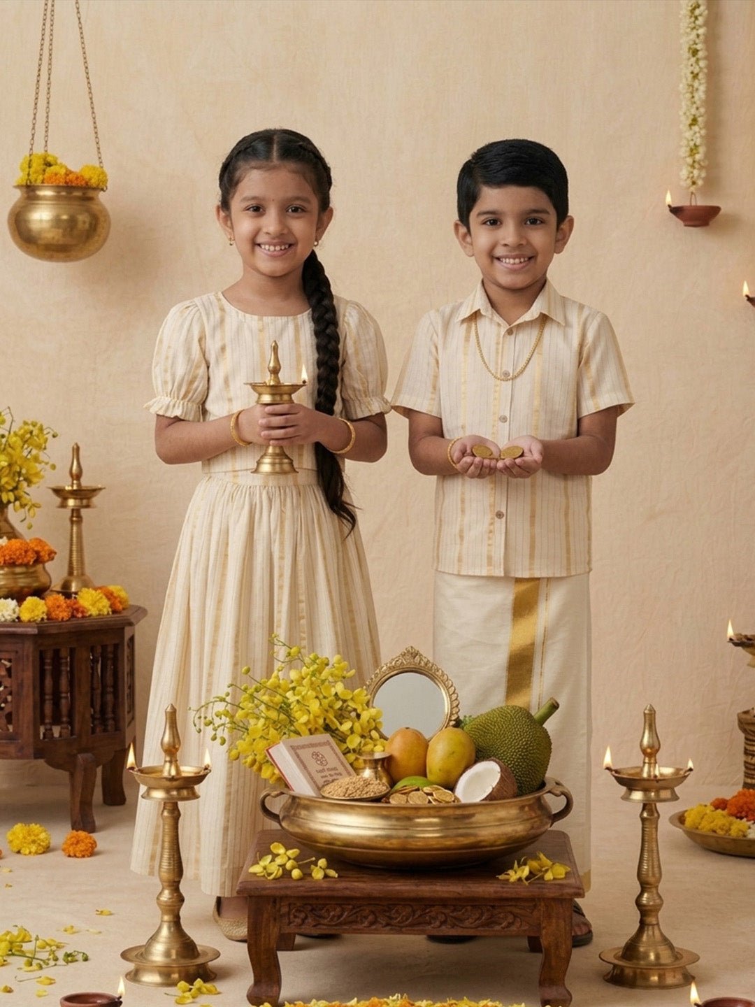 Kasavu Classic White Cotton Ethnic Shirt Dhoti And Skirt Twinning Combo Of 2
