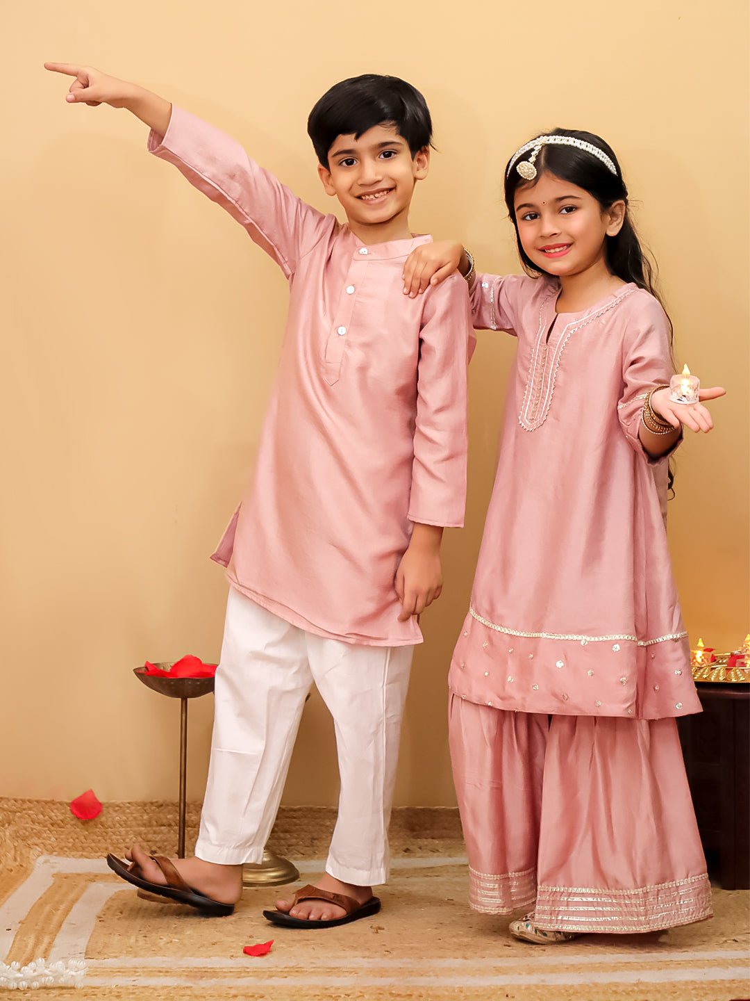 Rosé Radiance Silk Kurta Pajama And Anarkali Sharara Twinning Combo Of 2