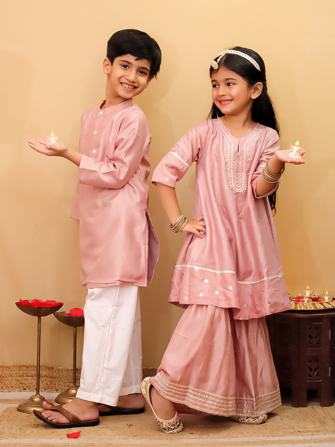 Rosé Radiance Silk Kurta Pajama And Anarkali Sharara Twinning Combo Of 2