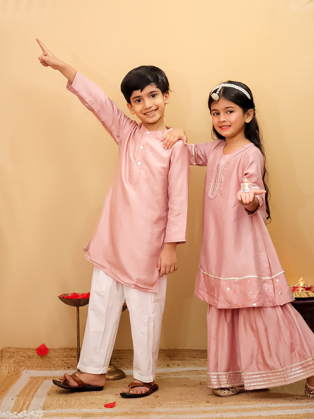 Rosé Radiance Silk Kurta Pajama And Anarkali Sharara Twinning Combo Of 2