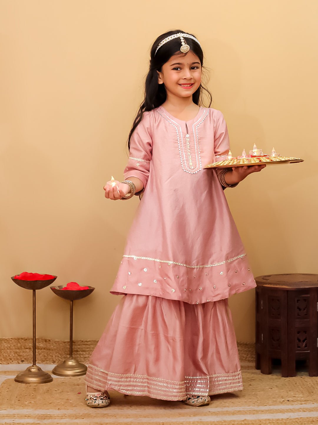 Rosé Radiance Silk Kurta Pajama And Anarkali Sharara Twinning Combo Of 2