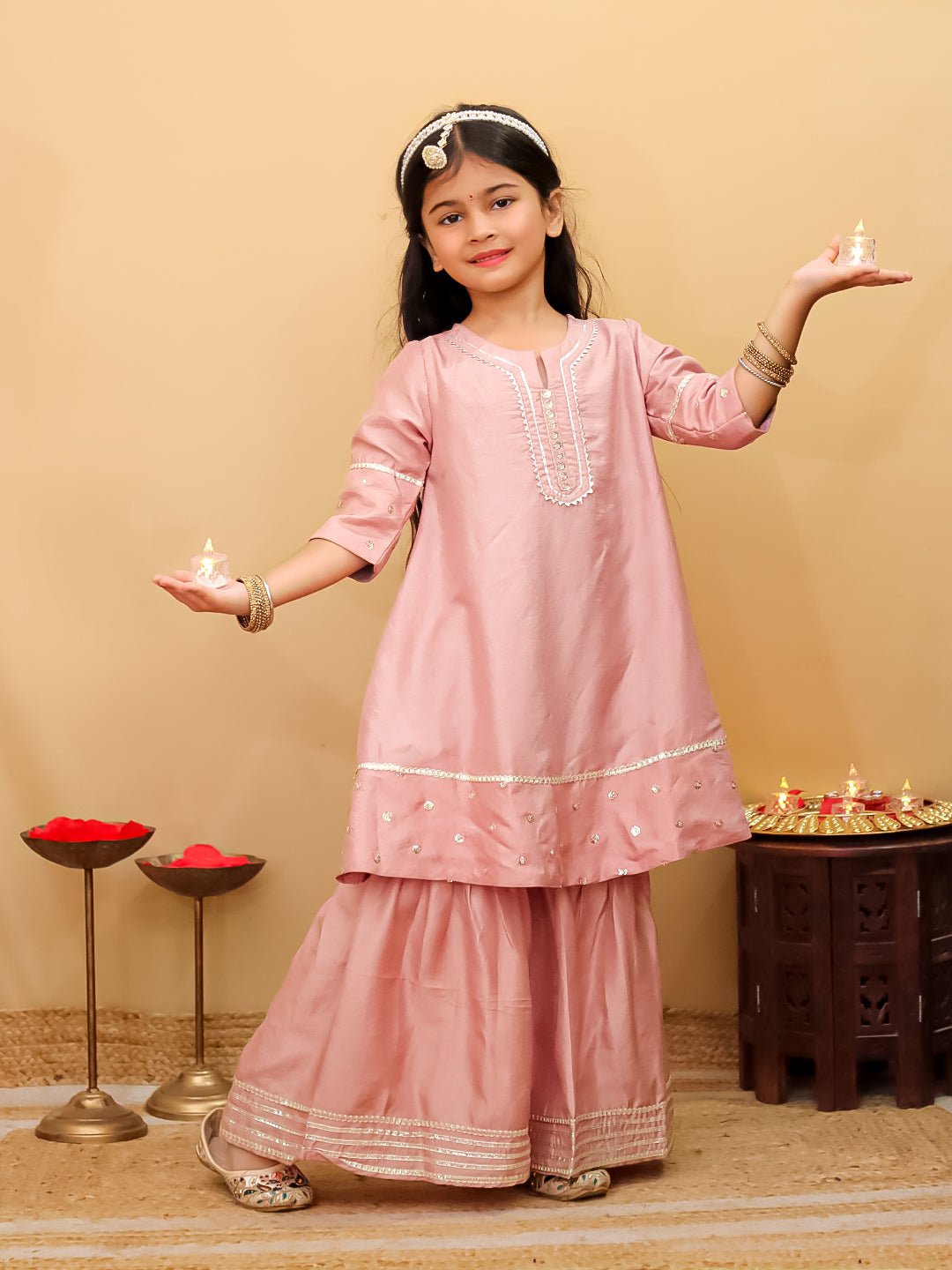 Rosé Radiance Silk Kurta Pajama And Anarkali Sharara Twinning Combo Of 2