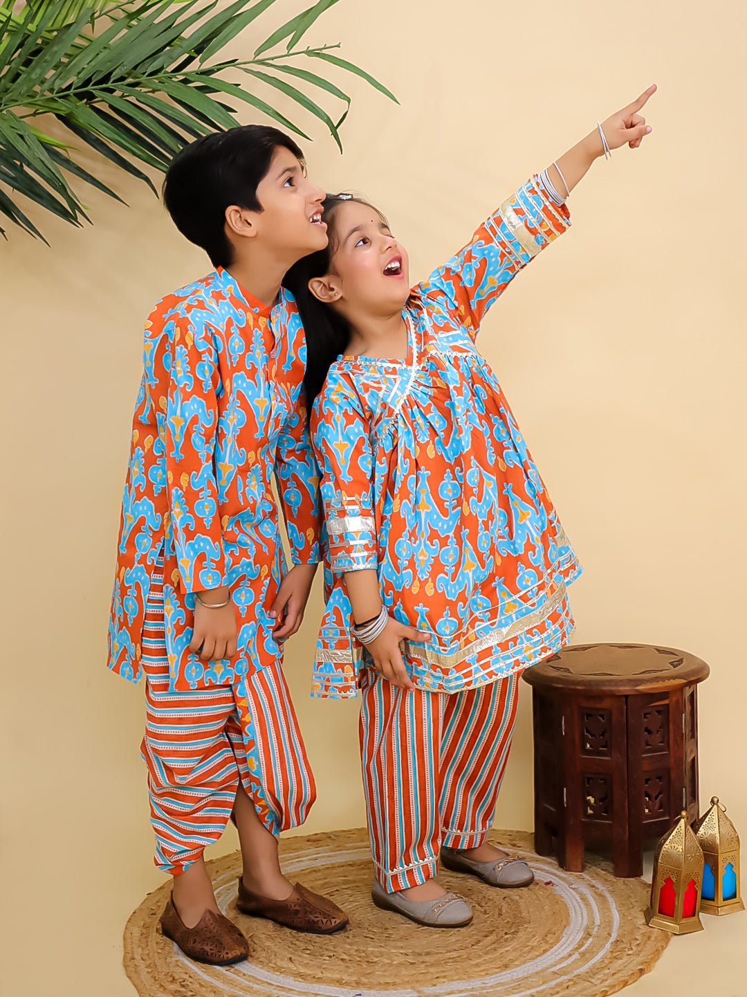Rustic Roots Girls Anarkali Kurta And Boys Dhoti Kurta Twinning Combo Of 2