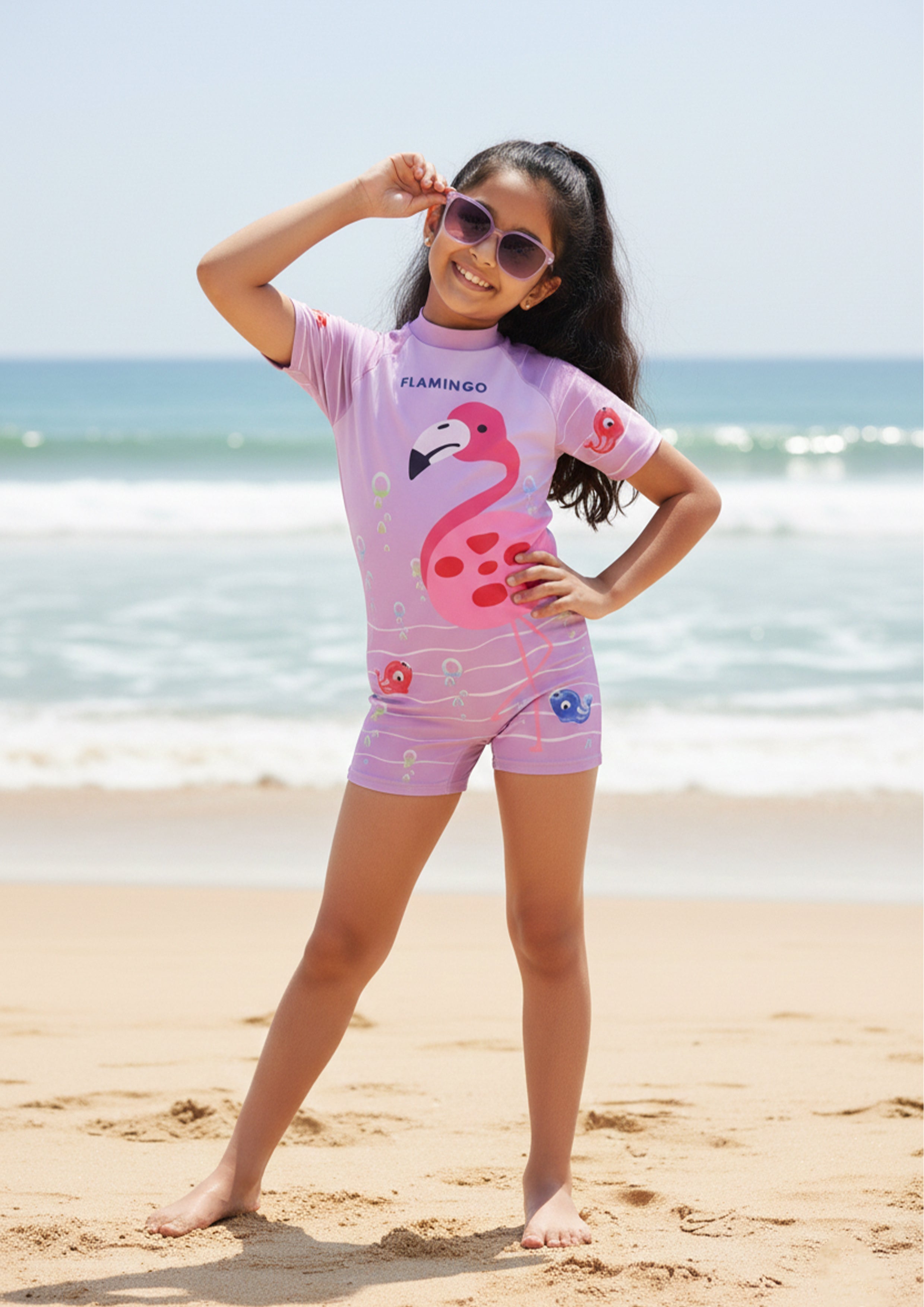 Flamingo Fandango Girls Bodysuit Swimsuit With Matching Cap
