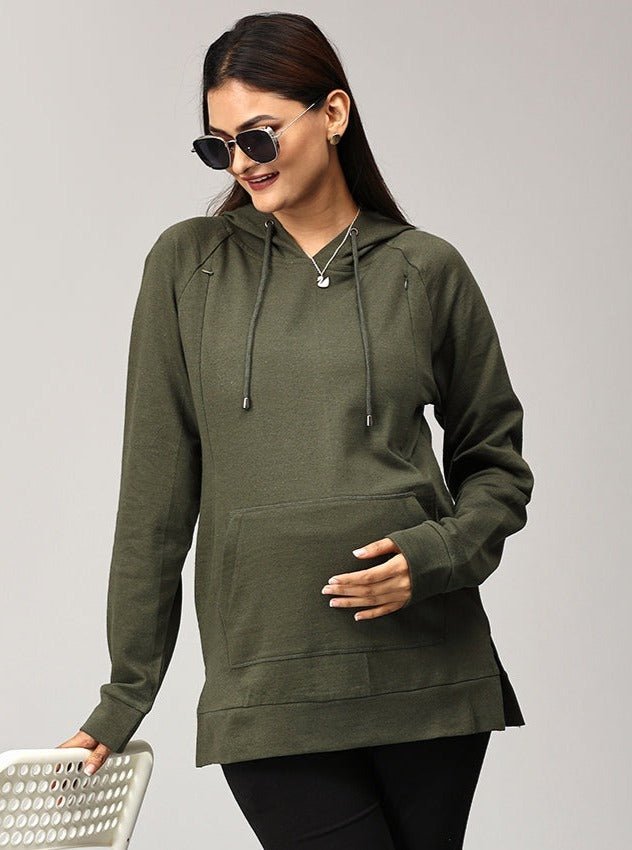 Four Leaf Clover Maternity and Nursing Hoodie Olive