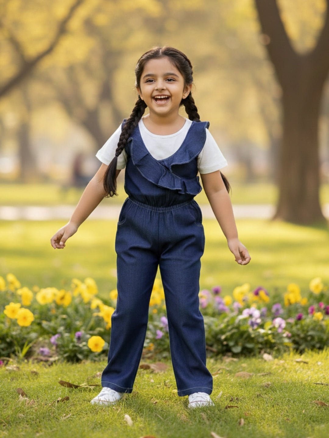 Dark Wash Frilled Girls Jumpsuit