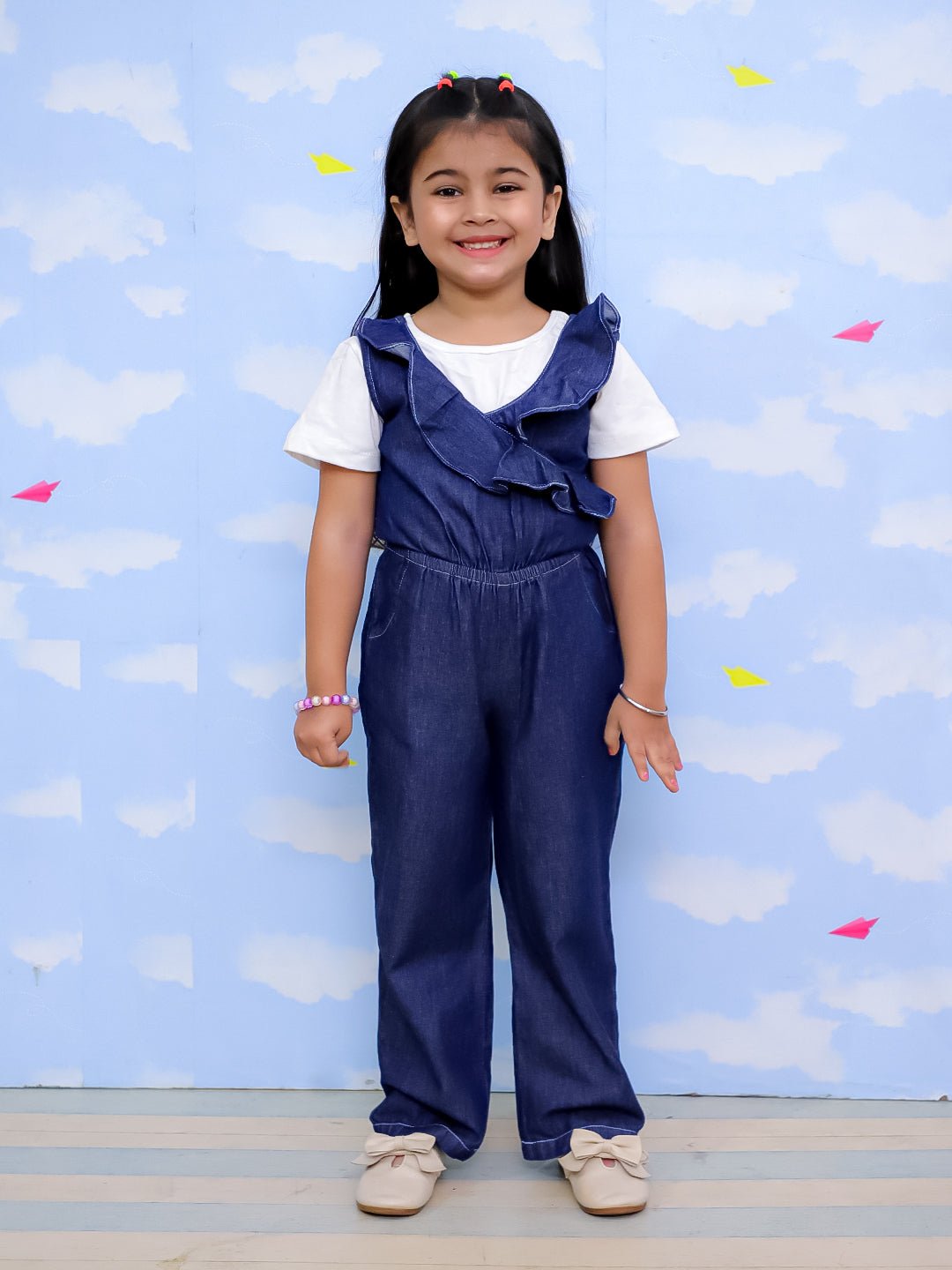 Dark Wash Frilled Girls Jumpsuit