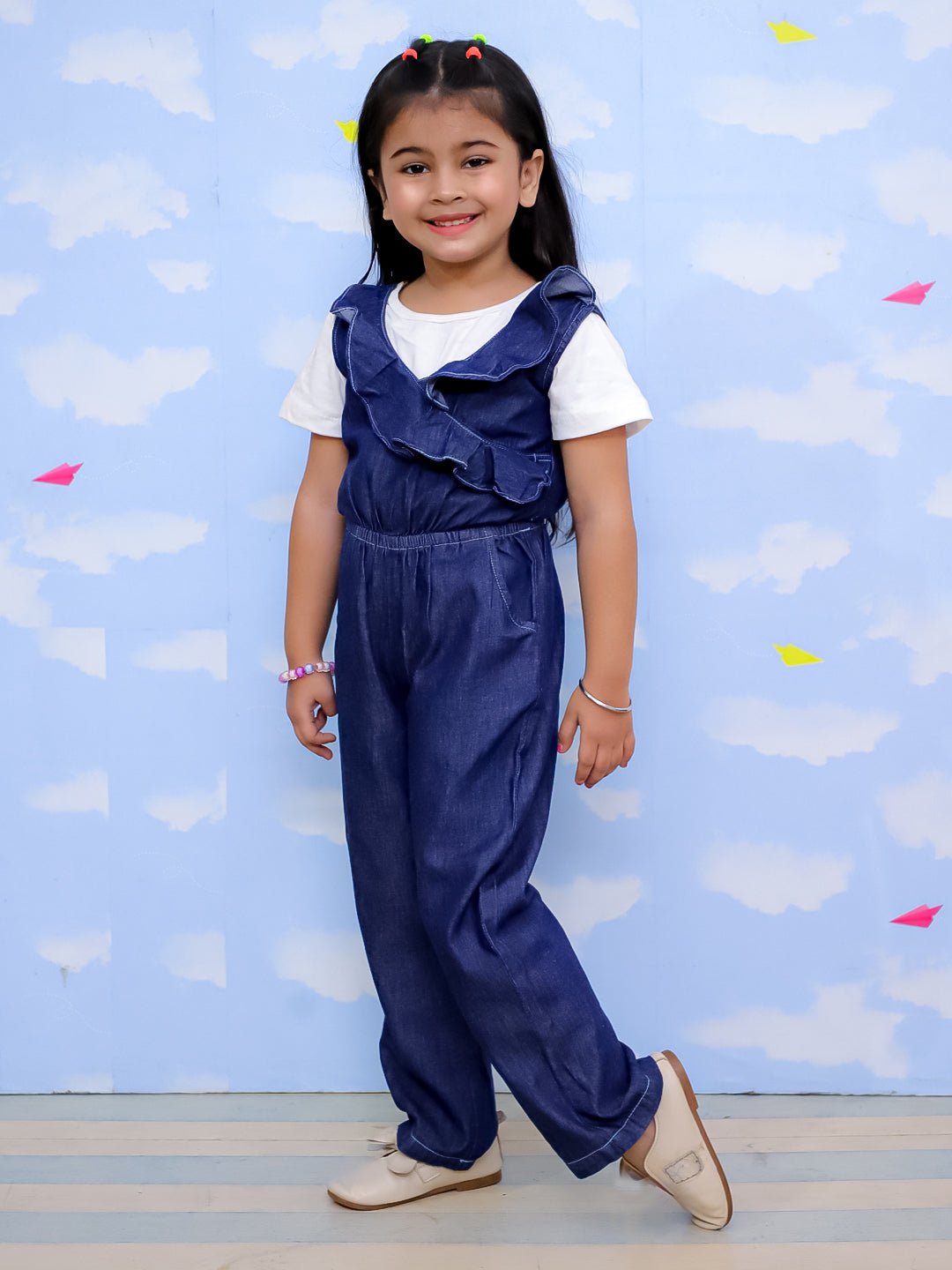 Dark Wash Frilled Girls Jumpsuit