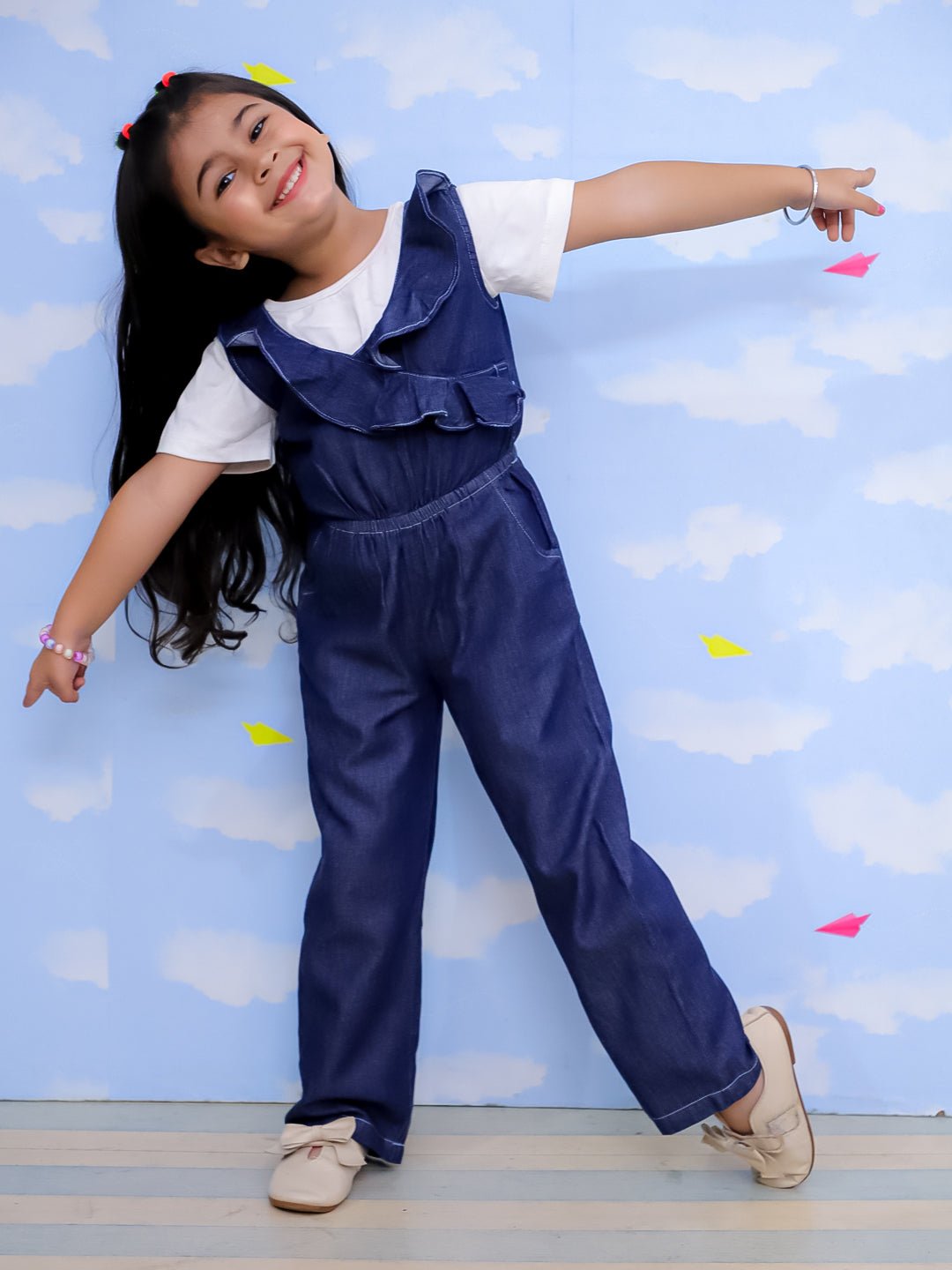Dark Wash Frilled Girls Jumpsuit