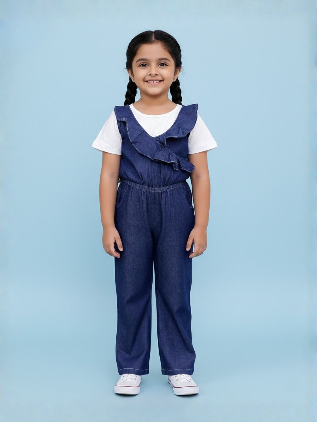 Dark Wash Frilled Girls Jumpsuit