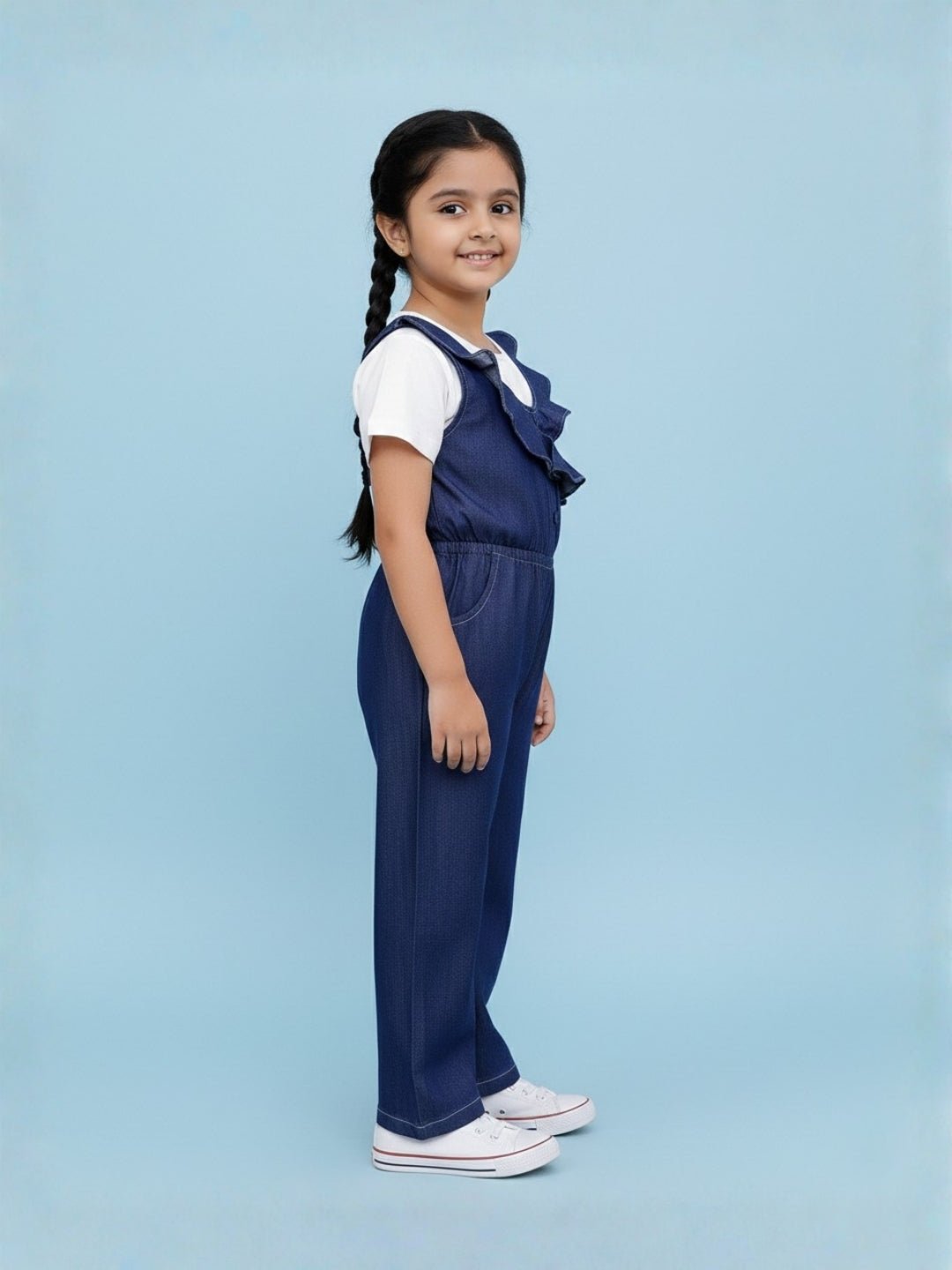 Dark Wash Frilled Girls Jumpsuit