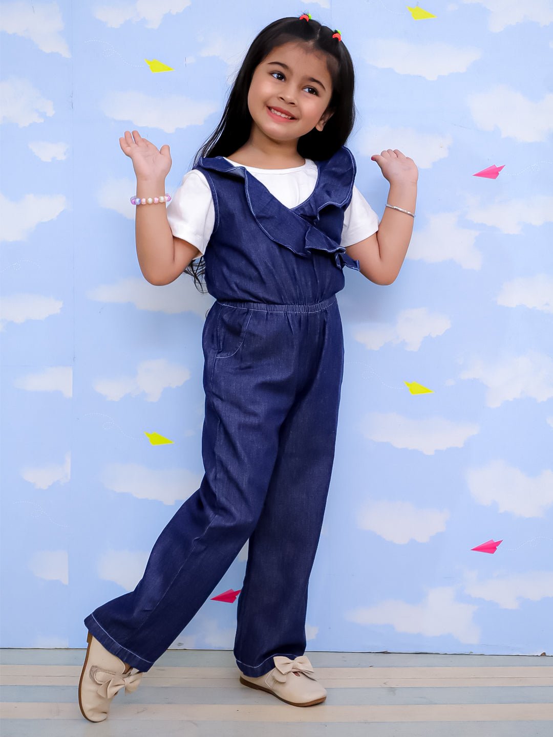 Dark Wash Frilled Girls Jumpsuit