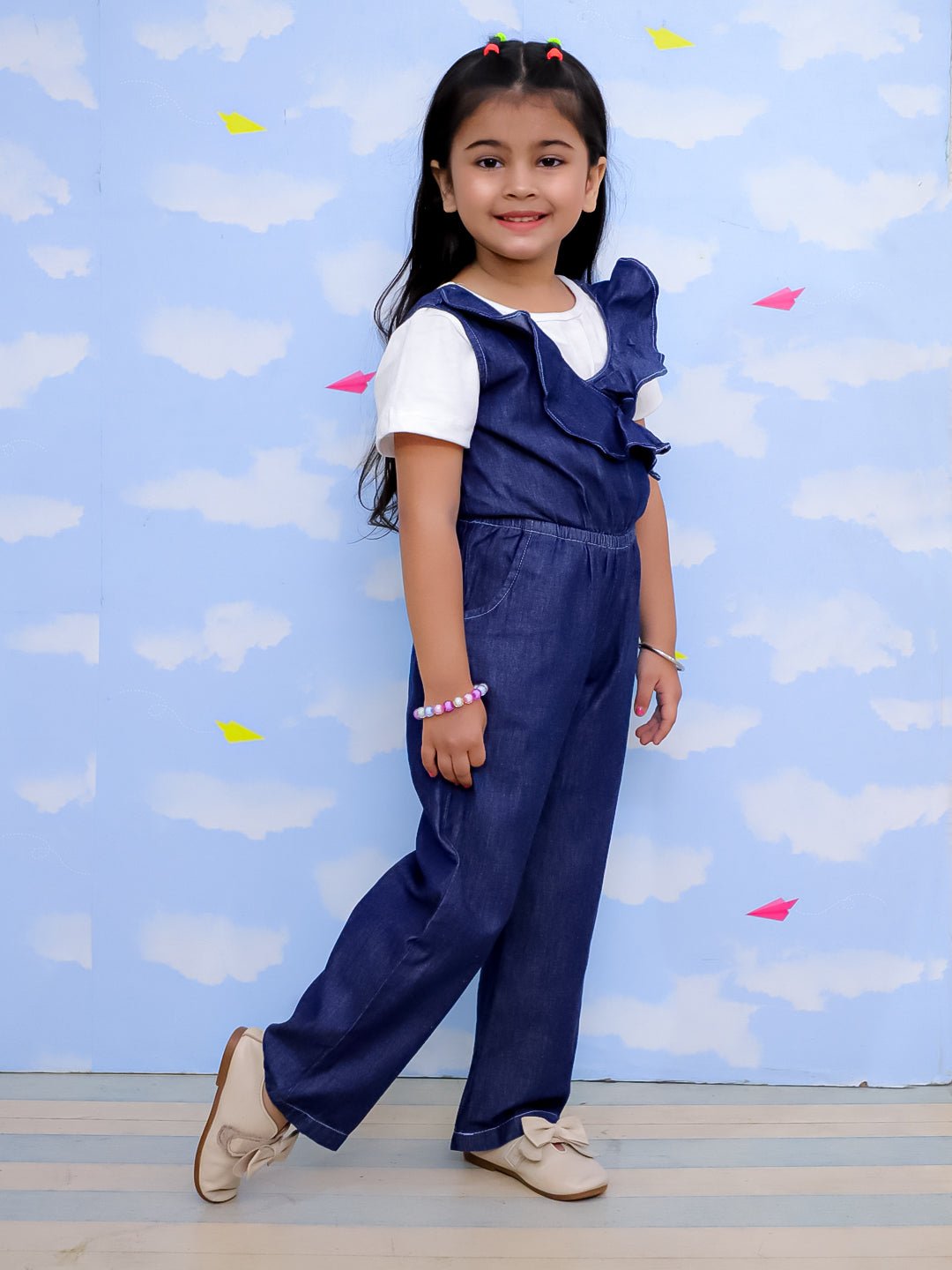 Dark Wash Frilled Girls Jumpsuit