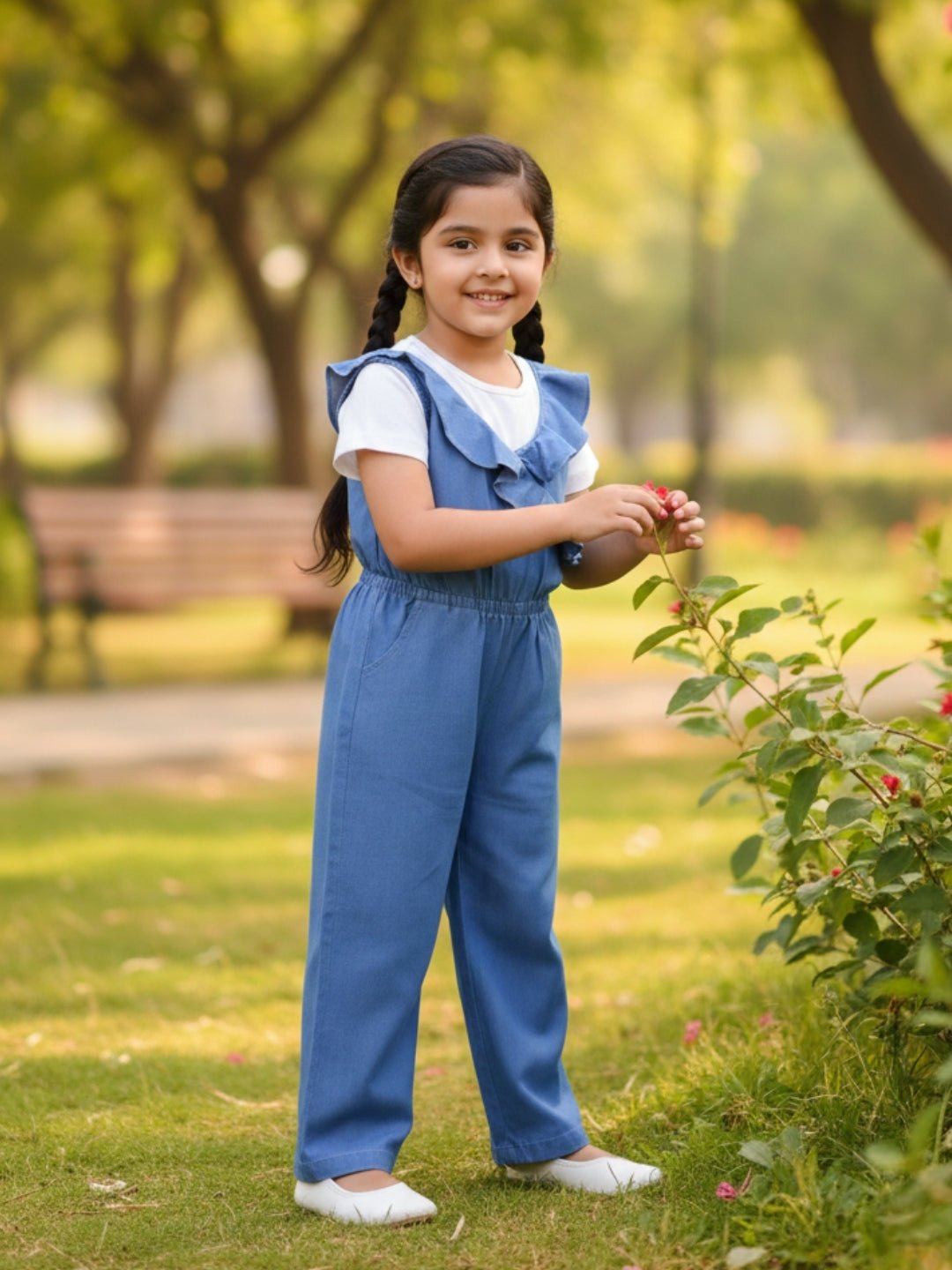 Light Wash Frilled Girls Jumpsuit