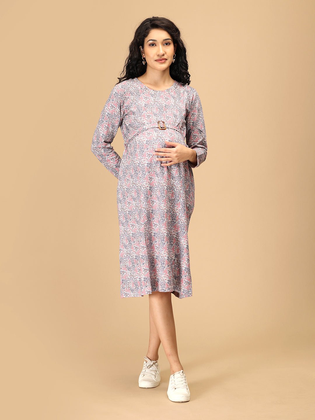 Frosted Flowers Maternity Sweater Dress Navy Blue