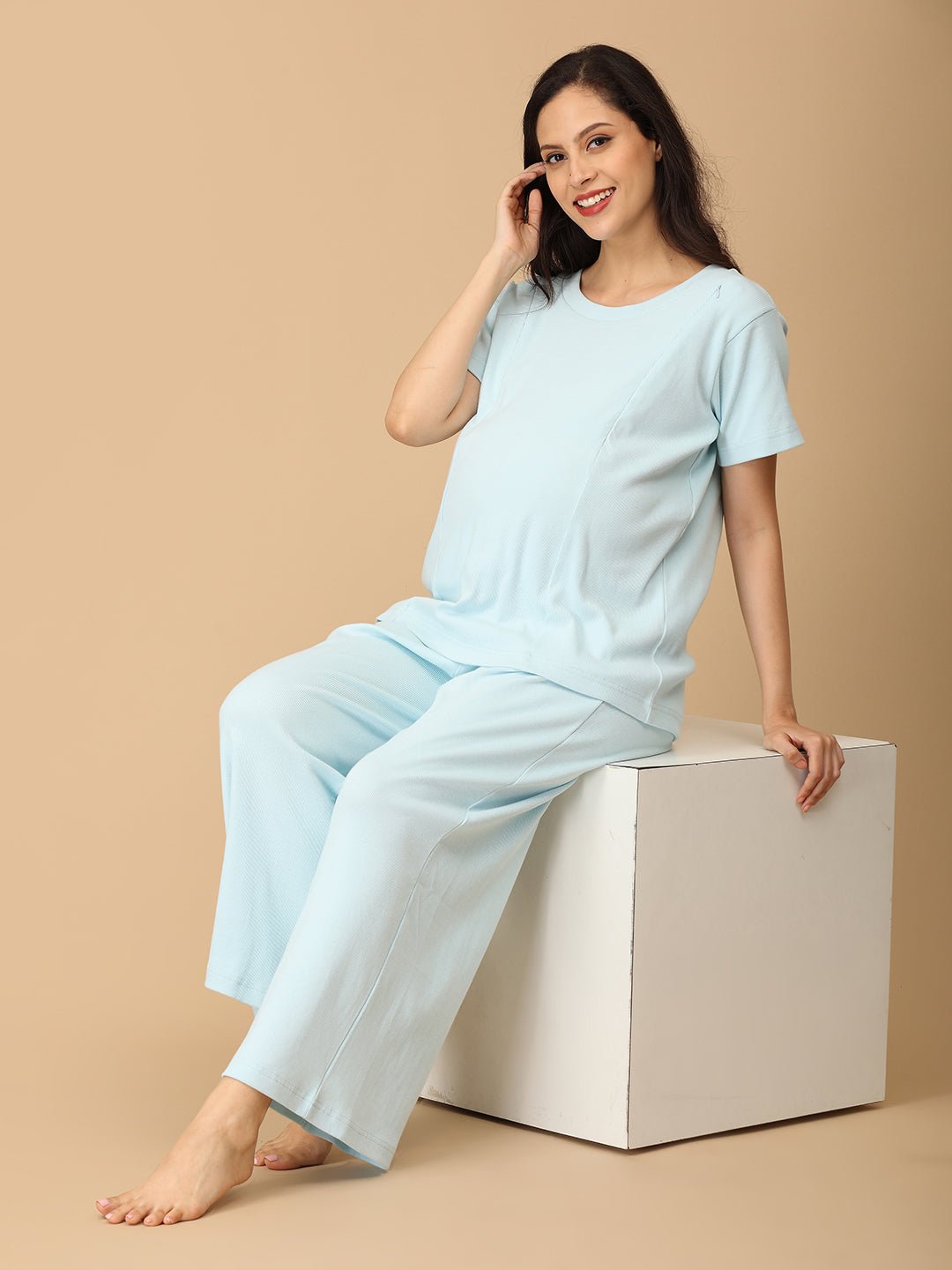 Frosted Fluff Maternity and Nursing Rib Nightwear Set Blue