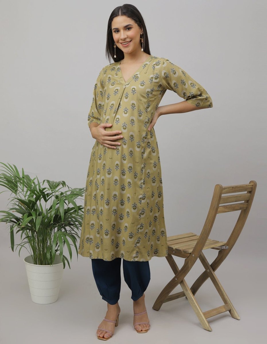 Garden Party Maternity and Nursing Kurta Set Olive