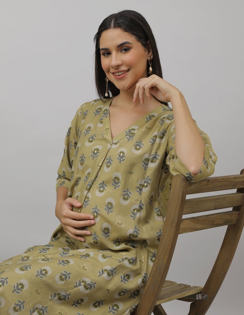 Garden Party Maternity and Nursing Kurta Set Olive