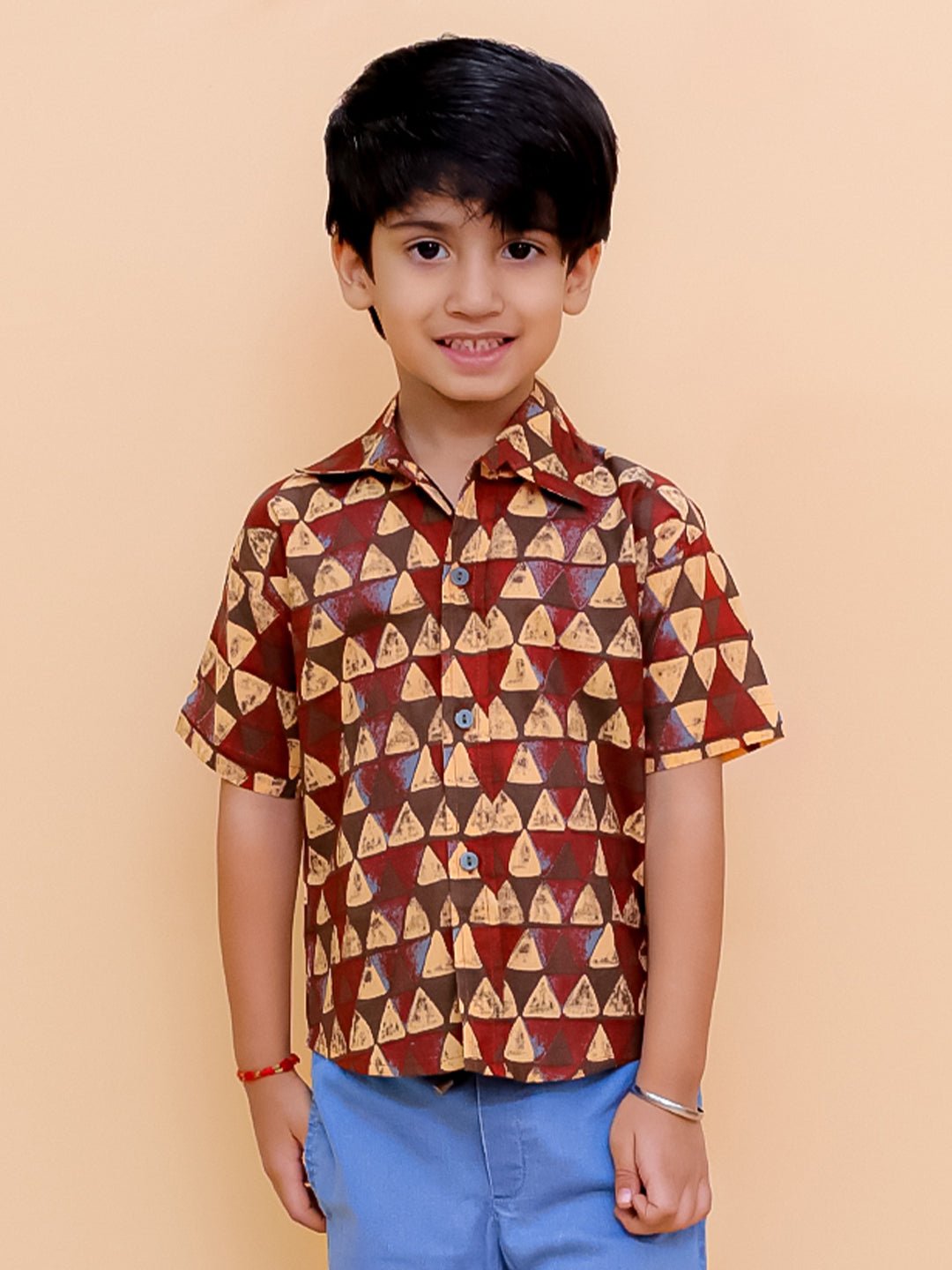 Geometrical Ajrakh Print Multi Half Sleeve Cotton Shirt For Boys