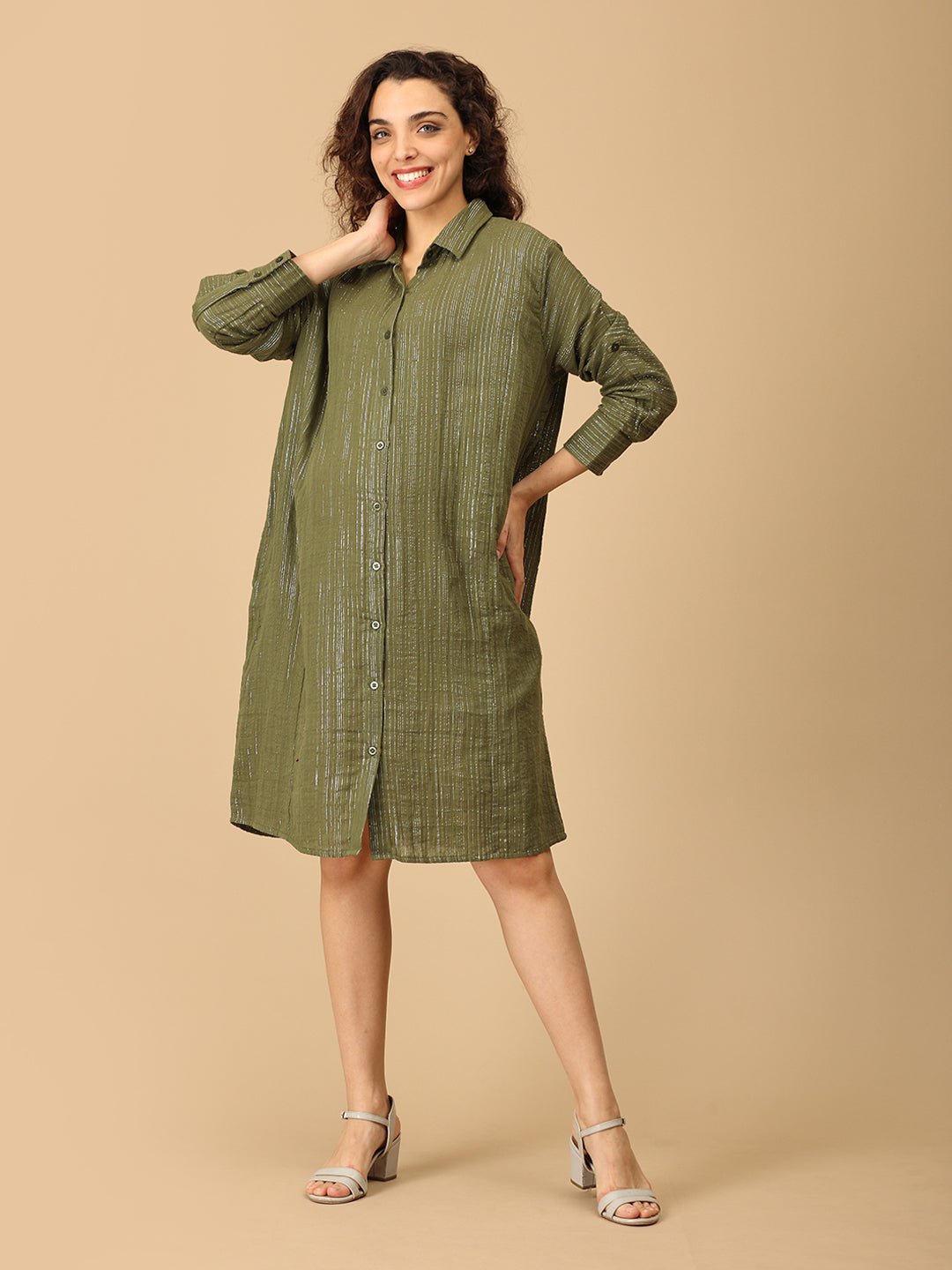 Glam-o-Leaf Maternity and Nursing Oversized Shirt Dress Olive