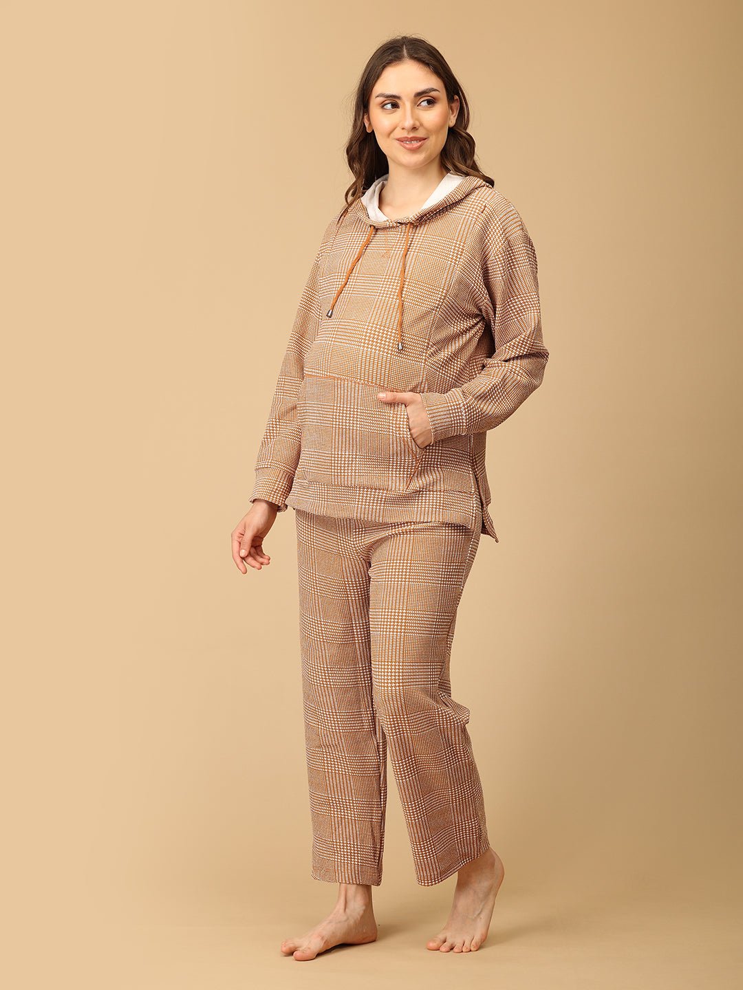 Golden Grid Maternity And Nursing Hoodie Pajama Set Yellow