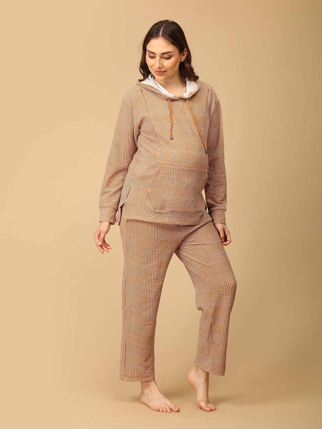 Golden Grid Maternity And Nursing Hoodie Pajama Set Yellow