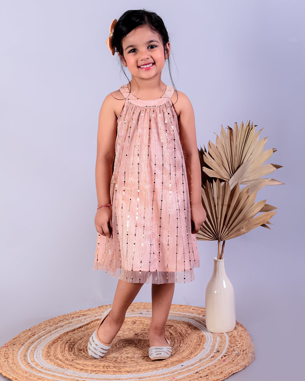 Golden Sunset Splendor Champagne Shimmer Tulle Girls Casual Dress For Kids