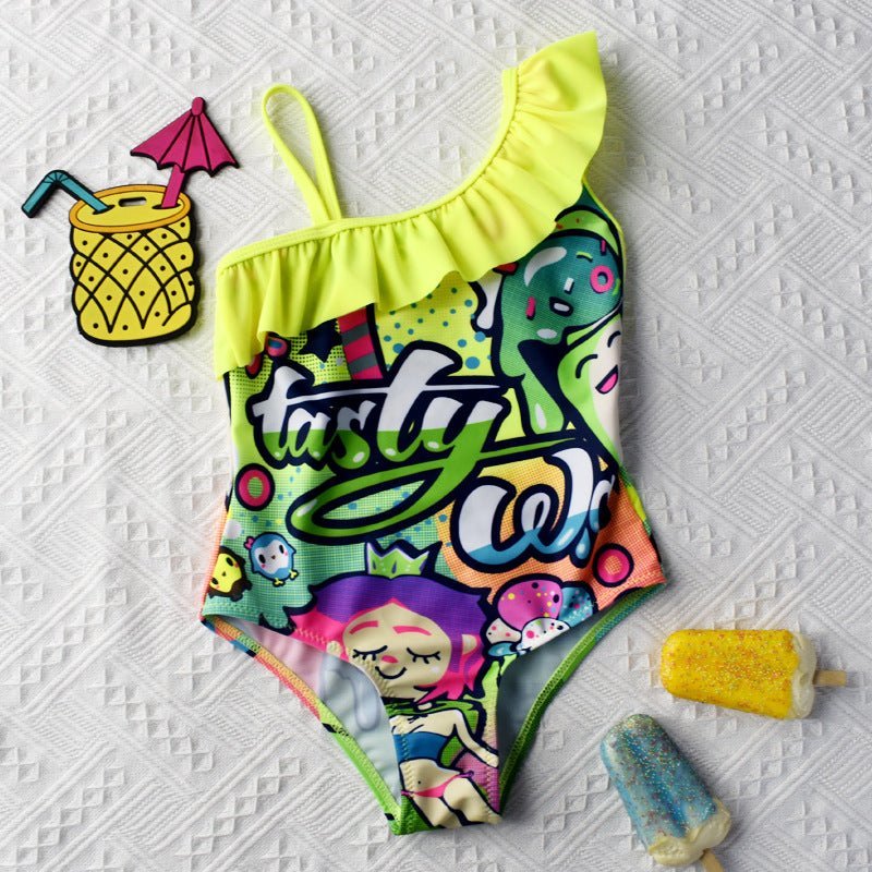 Graffiti Glam Girls Ruffle One Shoulder Swimsuit