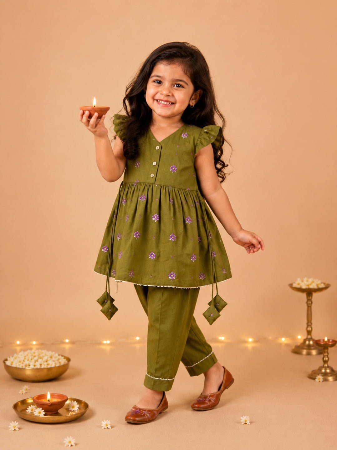 Gungun Embroidered Kurta Set Green Anarkali Sharara Set For Girls