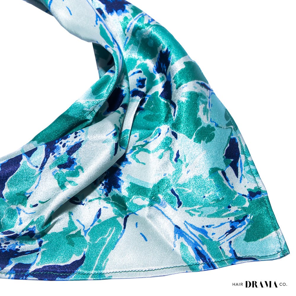 Blue & Green Abstract Printed Silk Satin Headscarf With Elastic