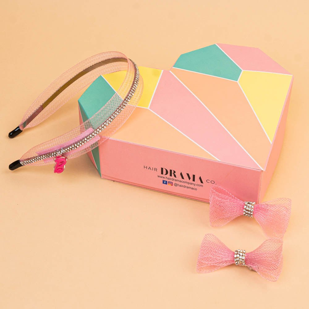 Pink Crystal Net Kids 3pcs Hair Accessory Gift Set With Charms