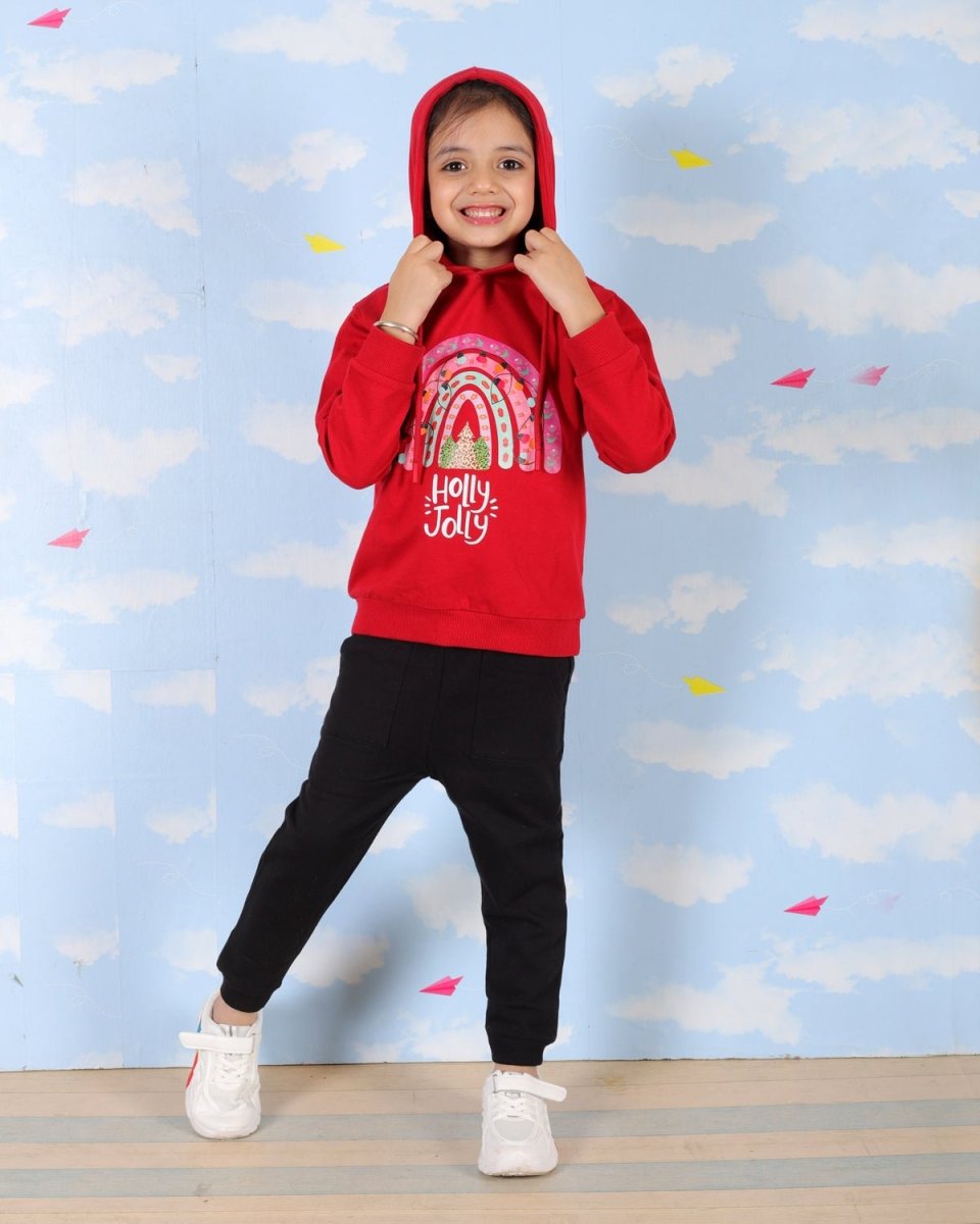 Red Holly Jolly Hooded Sweatshirt For Girls