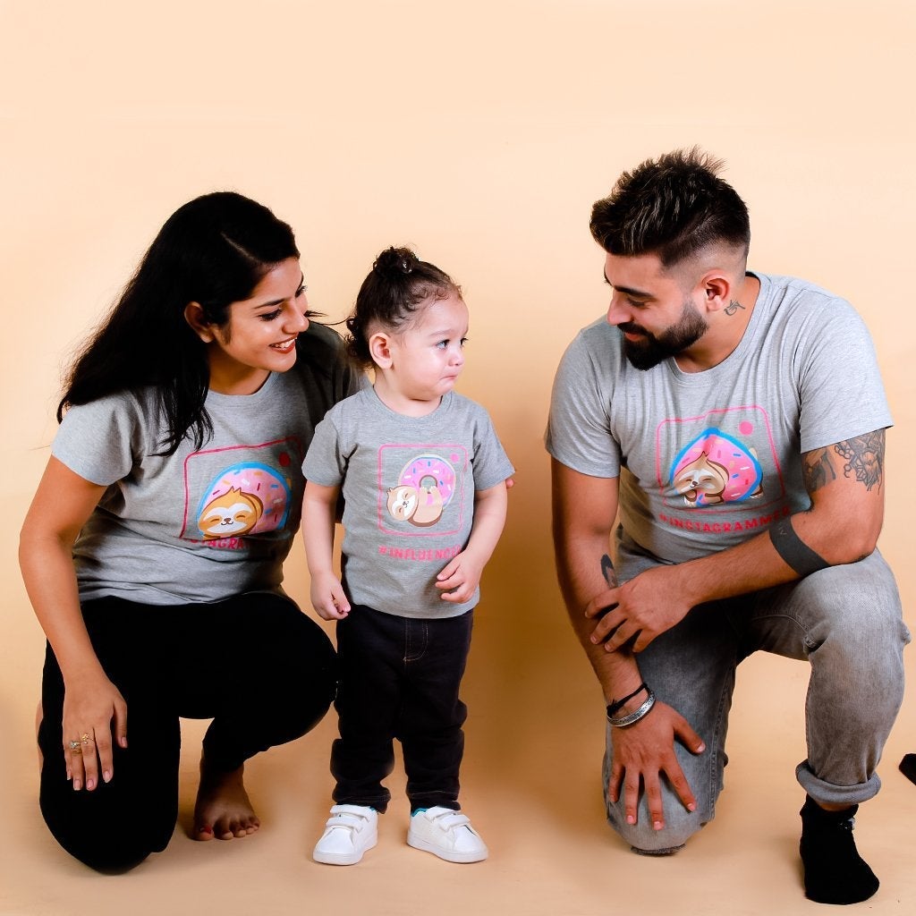 Insta Parents Grey Cotton Matching Family T-Shirt Twinning Combo Of 2